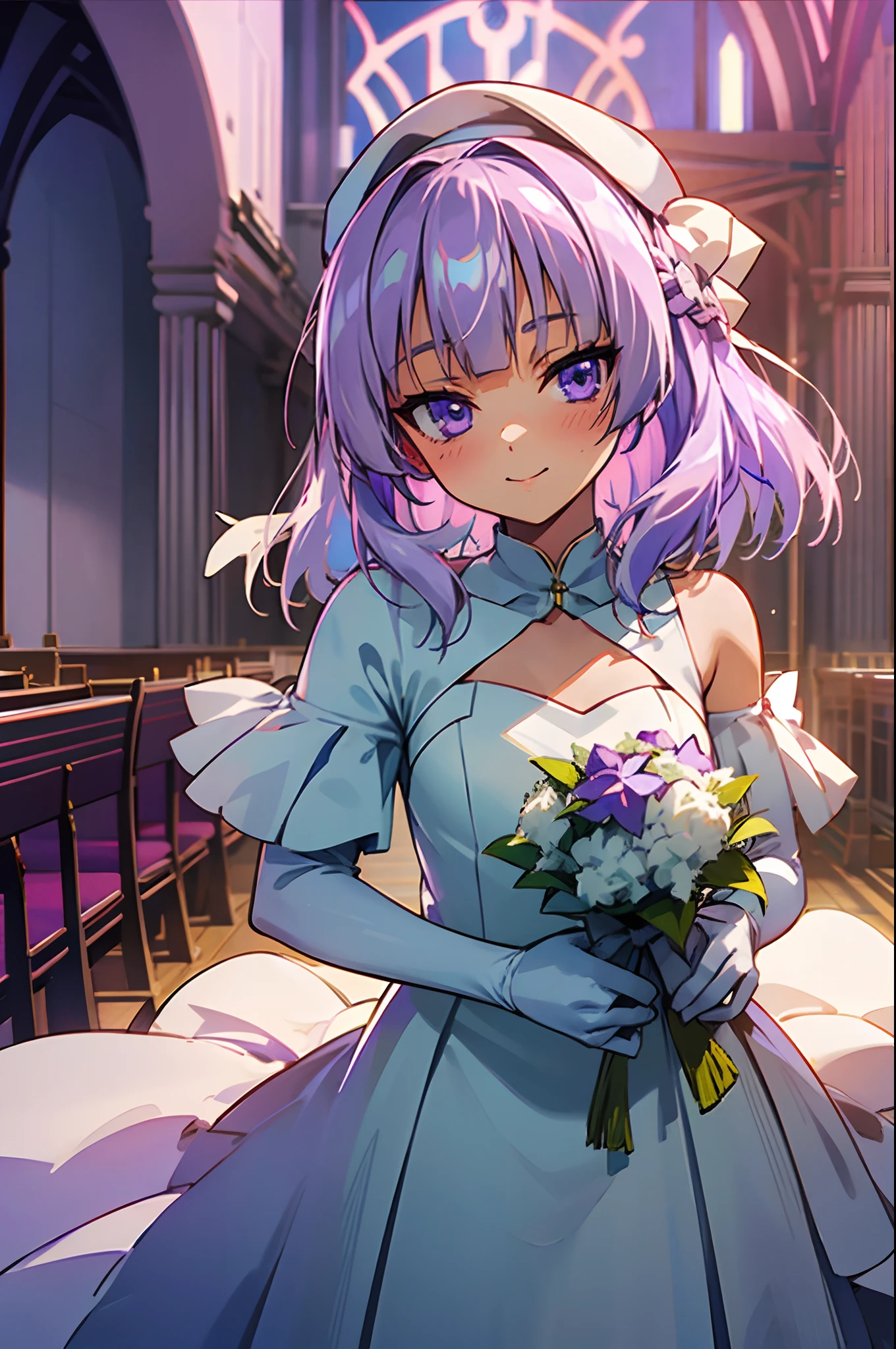 classroom of the elite, cote, arisu sakayanagi, wedding, in a wedding dress, focus on face, extreme close up, wedding dress, white wedding dress, lilac hair, violet eyes, holding bouquet of flowers, anime girl, anime style, in the style of classroom of the elite, light novel, shoulders up, in church, reception, at altar, no hat, looking at us, beautiful eyes, cute girl.