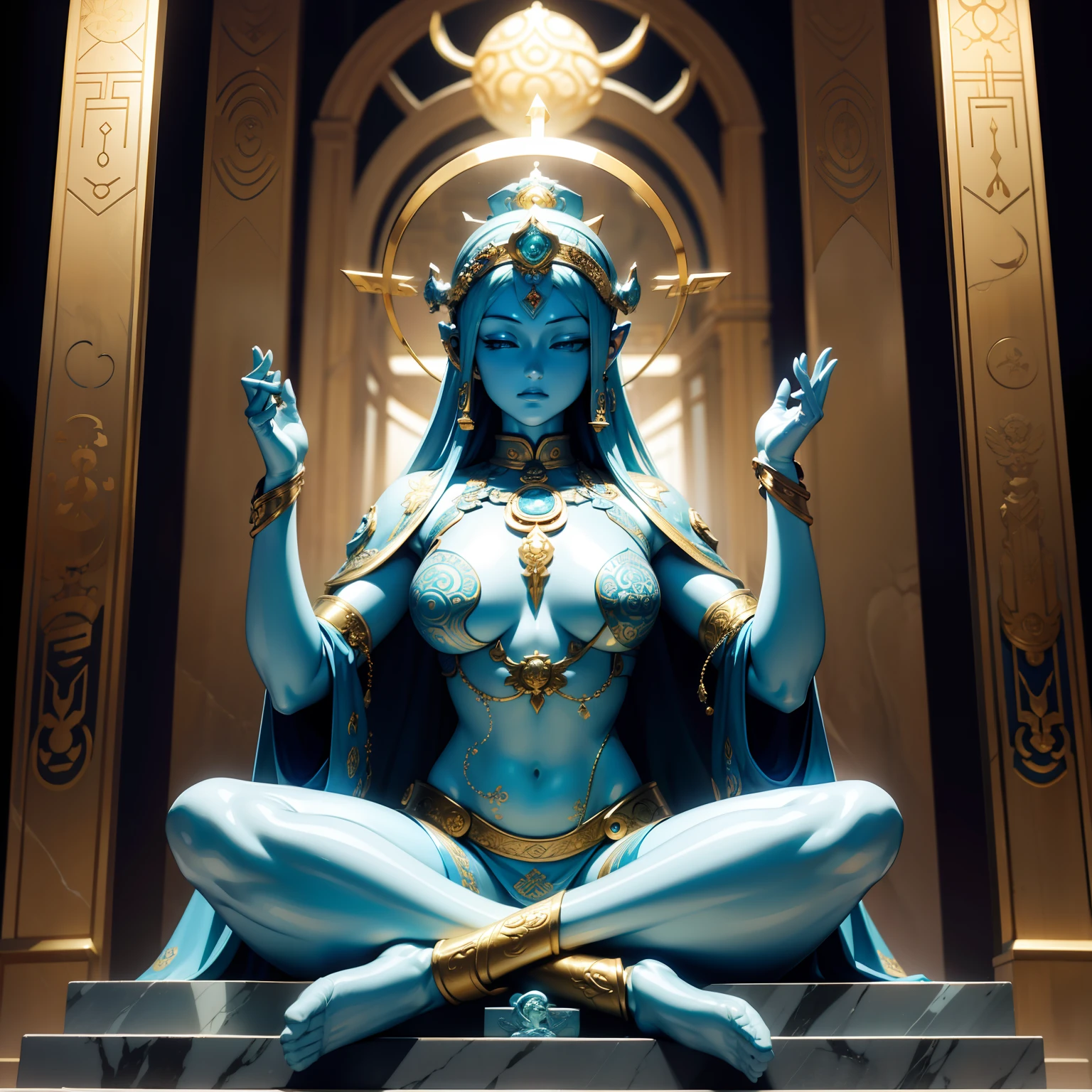 A blue and white jade statue,Gold-encrusted pattern,The Bodhisattva sits cross-legged,Such as a bodhisattva,Sculpture of the Holy Goddess,Sci-fi mech style,With a smooth helmet,The sculpture is slender and tall。The background is a white shrine,Many steps and jade pillars,marble floor。The halo。