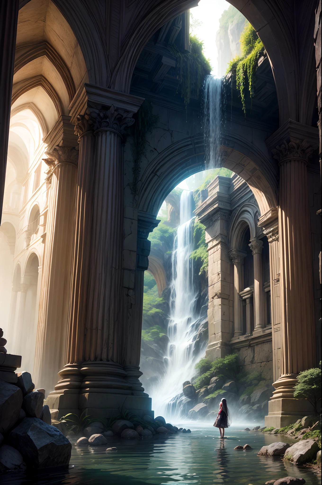 "Magical encounter, young girl, ancient ruins, enchanting waterfall, vivid mushrooms, ethereal beauty, painterly details"
