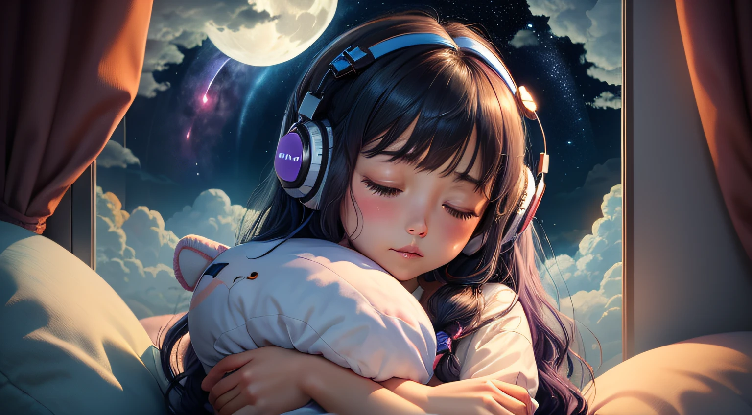 colorful、on clouds、kosmos、night, Big Moon in window、realistic、The girl is sleeping、She wears delicate headphones that blend into her hair, Only one stuffed animal、closed eyes, hugging pillow、超A high resolution