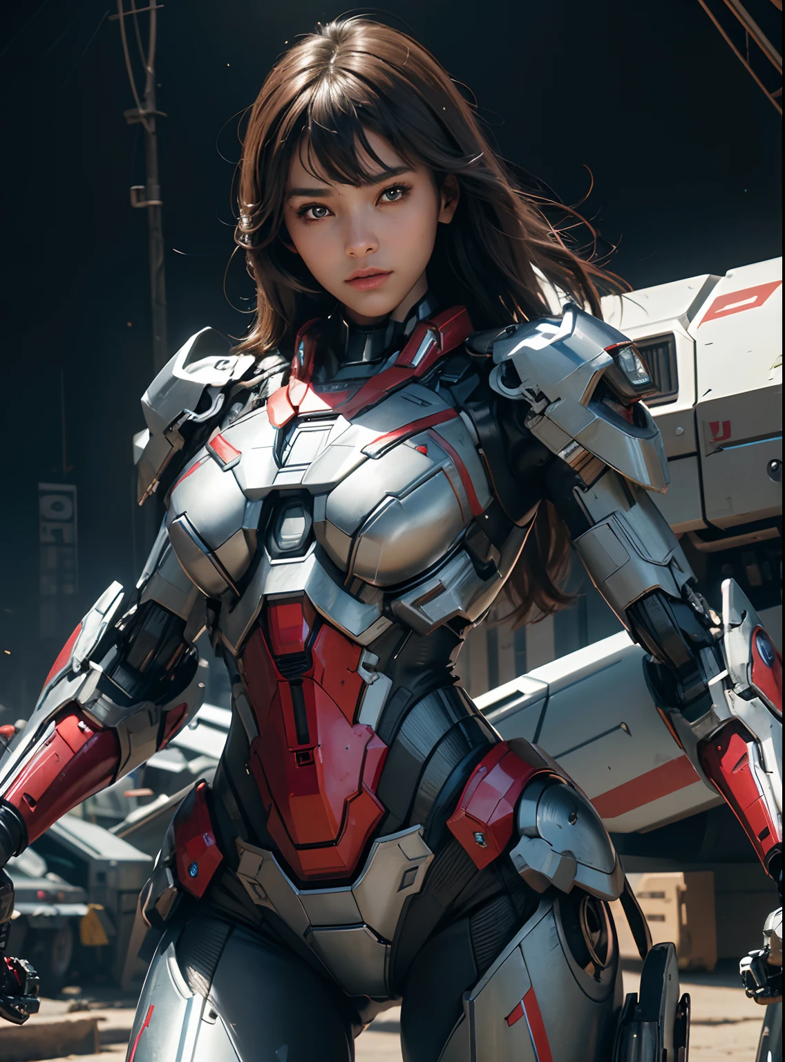 Textured skin, Super Detail, high details, High quality, Best Quality, hight resolution, 1080p, hard disk, Beautiful,(Iron Patriot),beautiful cyborg woman,Mecha Cyborg Girl,Battle Mode,Girl with a Mecha Body,She wears a futuristic Iron Patriot mech,Fulll body Shot