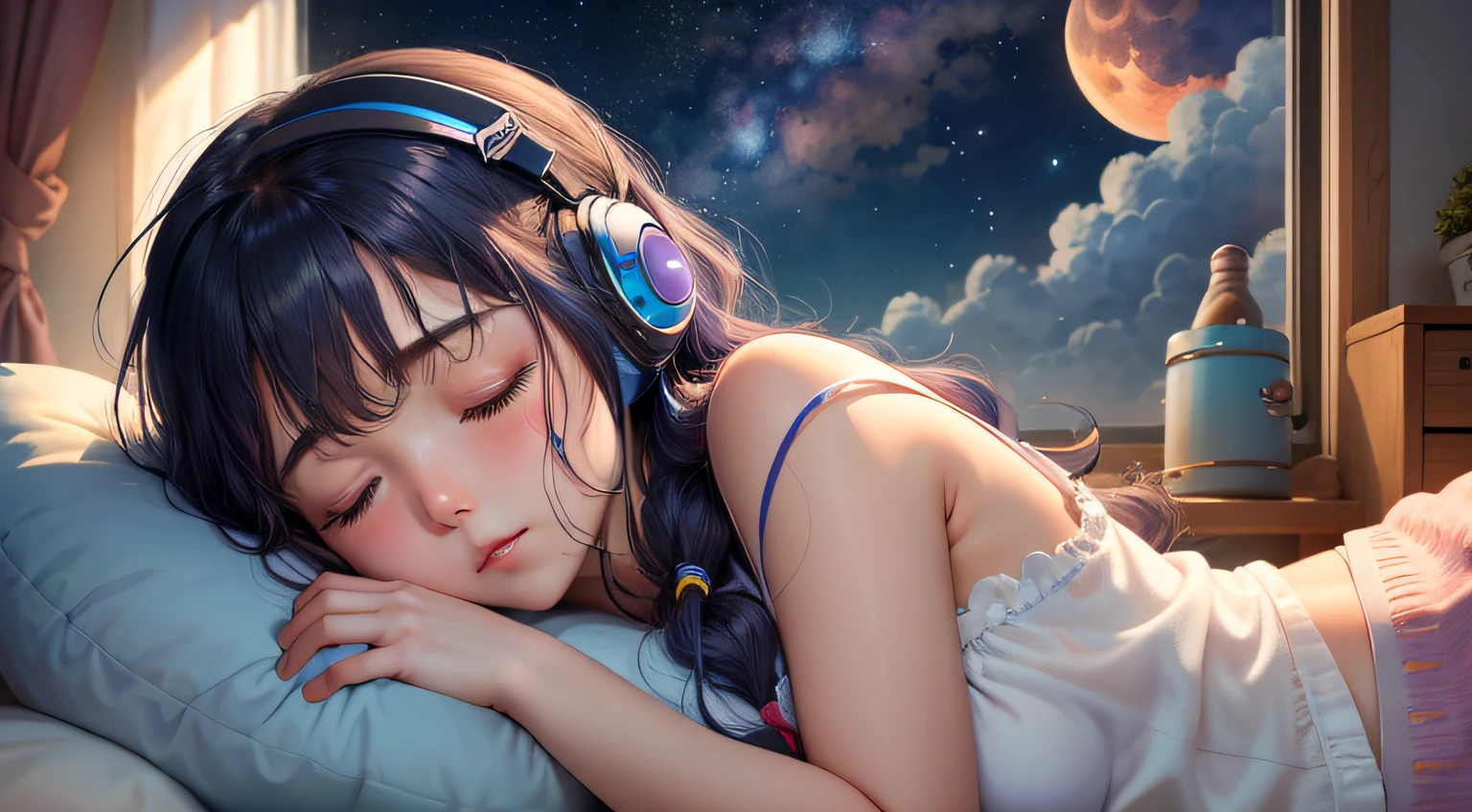 colorful、on clouds、kosmos、night, Big Moon in window、realistic、The girl is sleeping、She wears delicate headphones that blend into her hair, Only one stuffed animal、closed eyes, hugging pillow、超A high resolution
