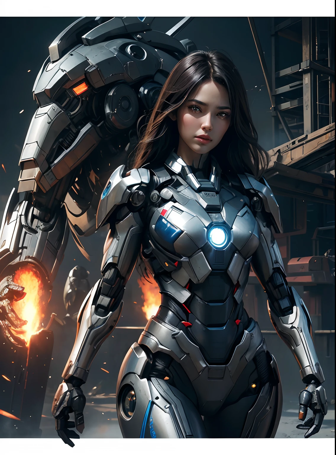 Textured skin, Super Detail, high details, High quality, Best Quality, hight resolution, 1080p, hard disk, Beautiful,(Iron Patriot),beautiful cyborg woman,Mecha Cyborg Girl,Battle Mode,Girl with a Mecha Body,She wears a futuristic Iron Patriot mech,Fulll body Shot