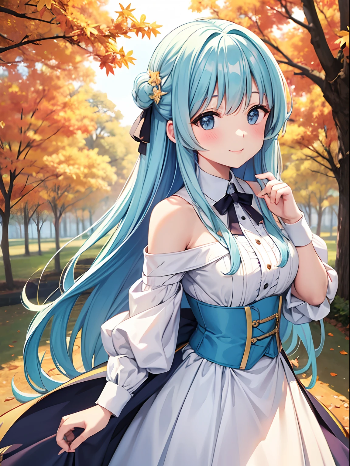 Park of autumn leaves The sun goes down Pretty girl Light blue long hair A charming smile Cute costumes Facing the front