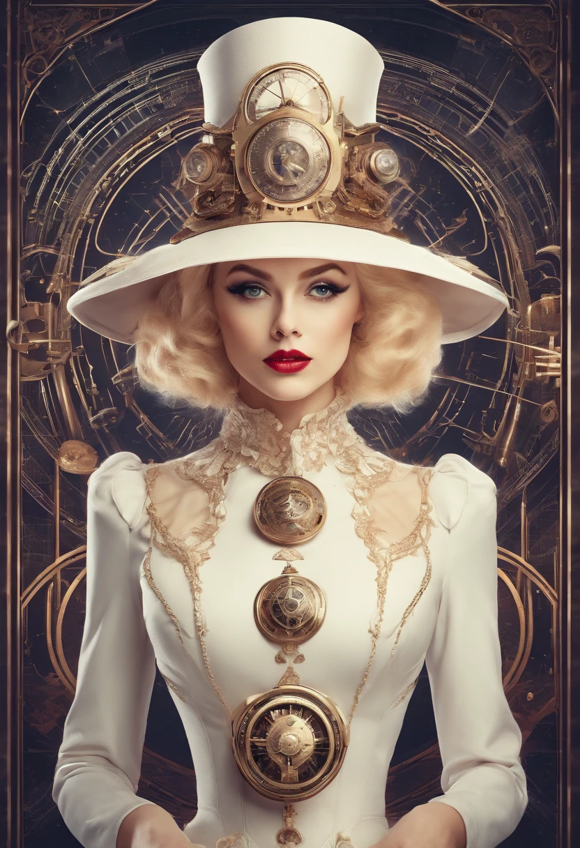 Beautiful blonde woman with a dress and hat from the Victorian era, low-cut and very chesty, the scene is a steampunk landscape, steampunk ornaments and ornaments, steampunk decorations on the dress, symmetry and 4k image quality