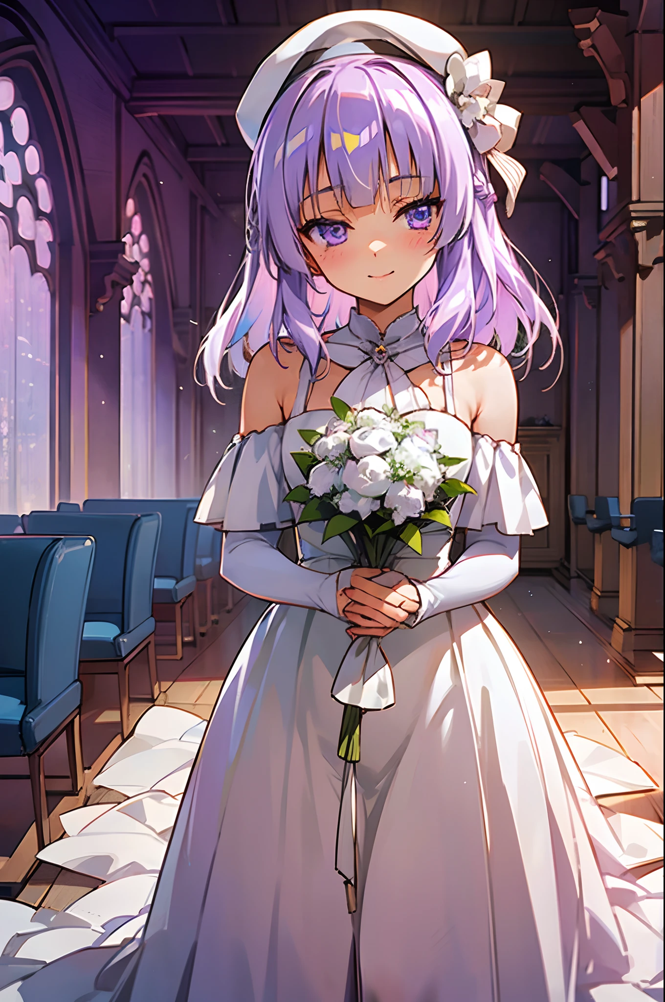 classroom of the elite, cote, arisu sakayanagi, wedding, in a wedding dress, focus on face, extreme close up, wedding dress, white wedding dress, lilac hair, violet eyes, holding bouquet of flowers, anime girl, anime style, in the style of classroom of the elite, light novel, shoulders up, in church, reception, at altar, no hat, looking at us, beautiful eyes, cute girl.