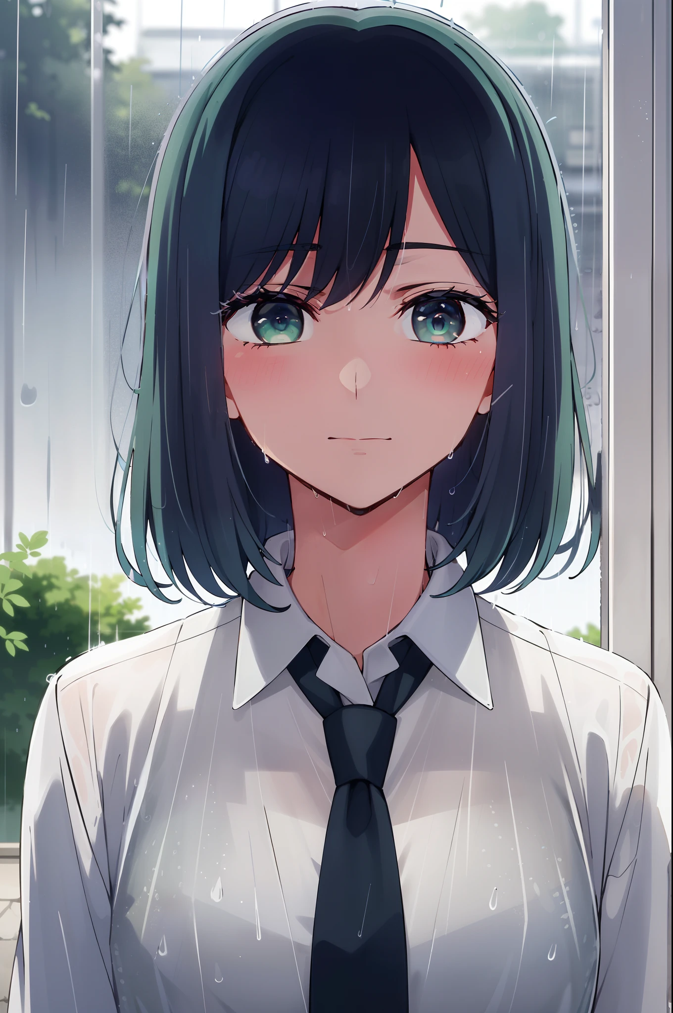 masutepiece, Best Quality, Ultra-high resolution, super detailed, High contrast, Beautiful lighting, depth of fields, Blue hair, Green eyes, (Bob Hair:1.5), blush, nsfw, white shirt, blue necktie, (top see through:1.5), (rain:1.2)