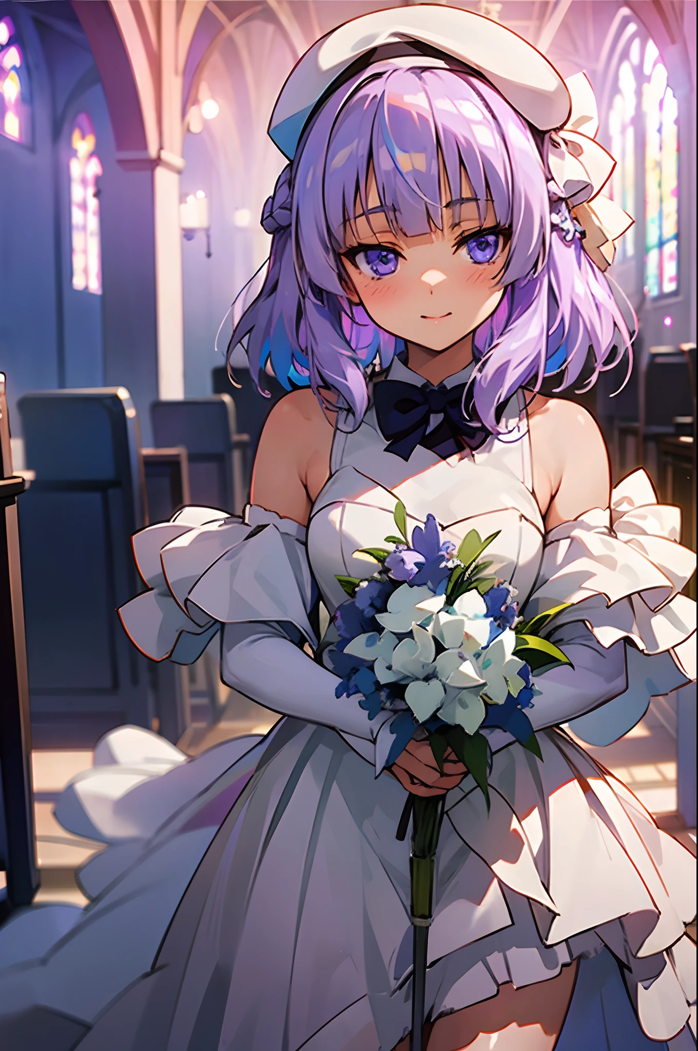 classroom of the elite, cote, arisu sakayanagi, wedding, in a wedding dress, focus on face, extreme close up, wedding dress, white wedding dress, lilac hair, violet eyes, holding bouquet of flowers, anime girl, anime style, in the style of classroom of the elite, light novel, shoulders up, in church, reception, at altar, no hat, looking at us, beautiful eyes, cute girl.