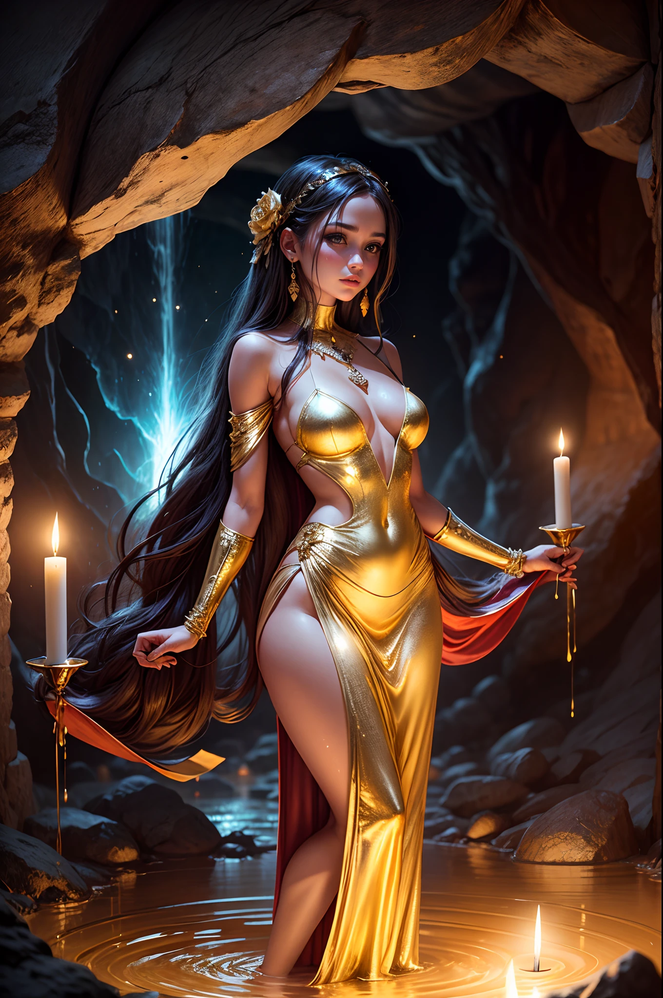 In the heart of a mystical cave, a girl donned in a shimmering, golden gown stands before a pool of liquid gold, her reflection merging with the molten metal as she weaves a spell of ancient magic, creating a breathtaking fusion of girl, cave, candles, space, and gold.