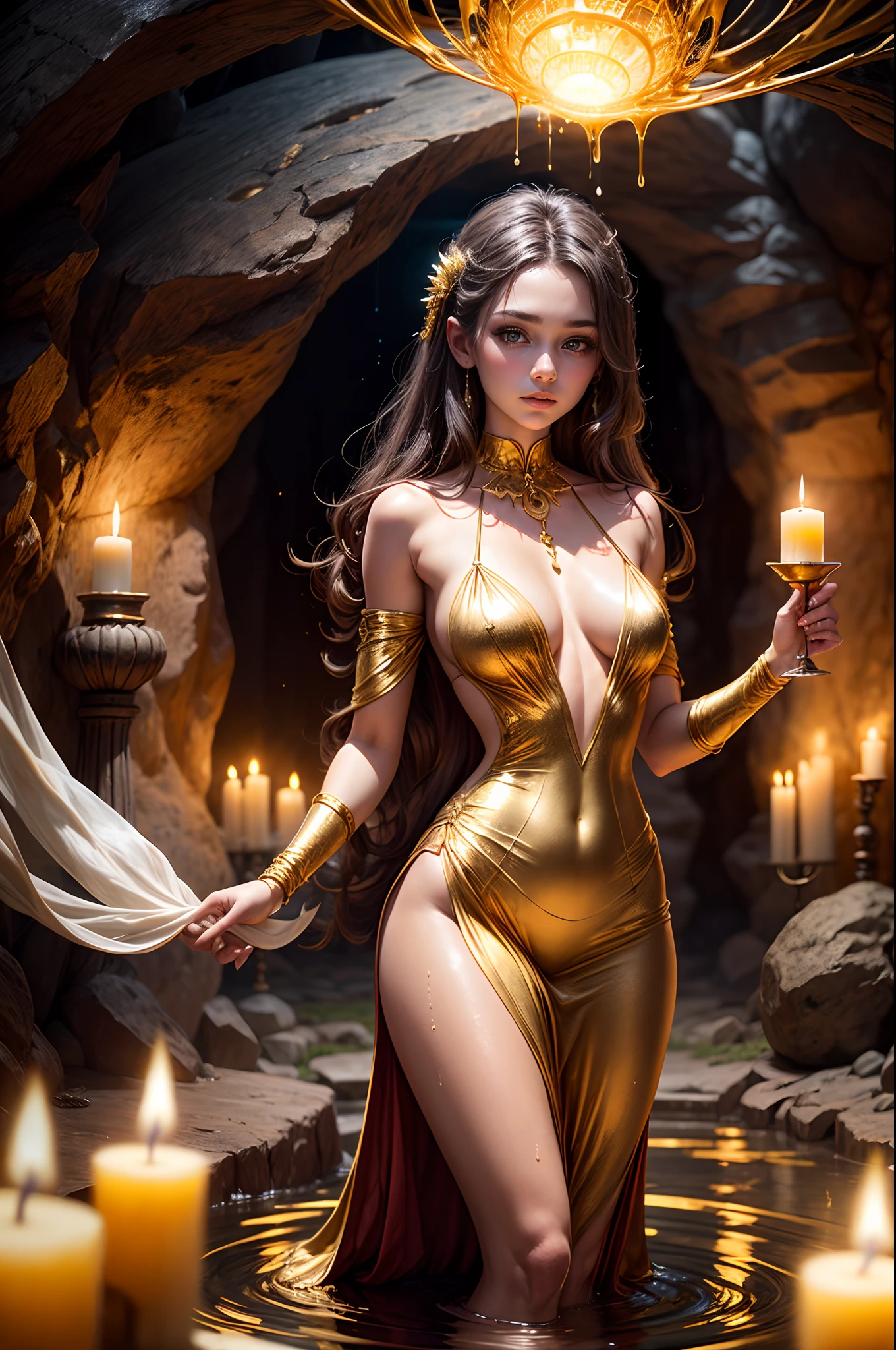 In the heart of a mystical cave, a girl donned in a shimmering, golden gown stands before a pool of liquid gold, her reflection merging with the molten metal as she weaves a spell of ancient magic, creating a breathtaking fusion of girl, cave, candles, space, and gold.