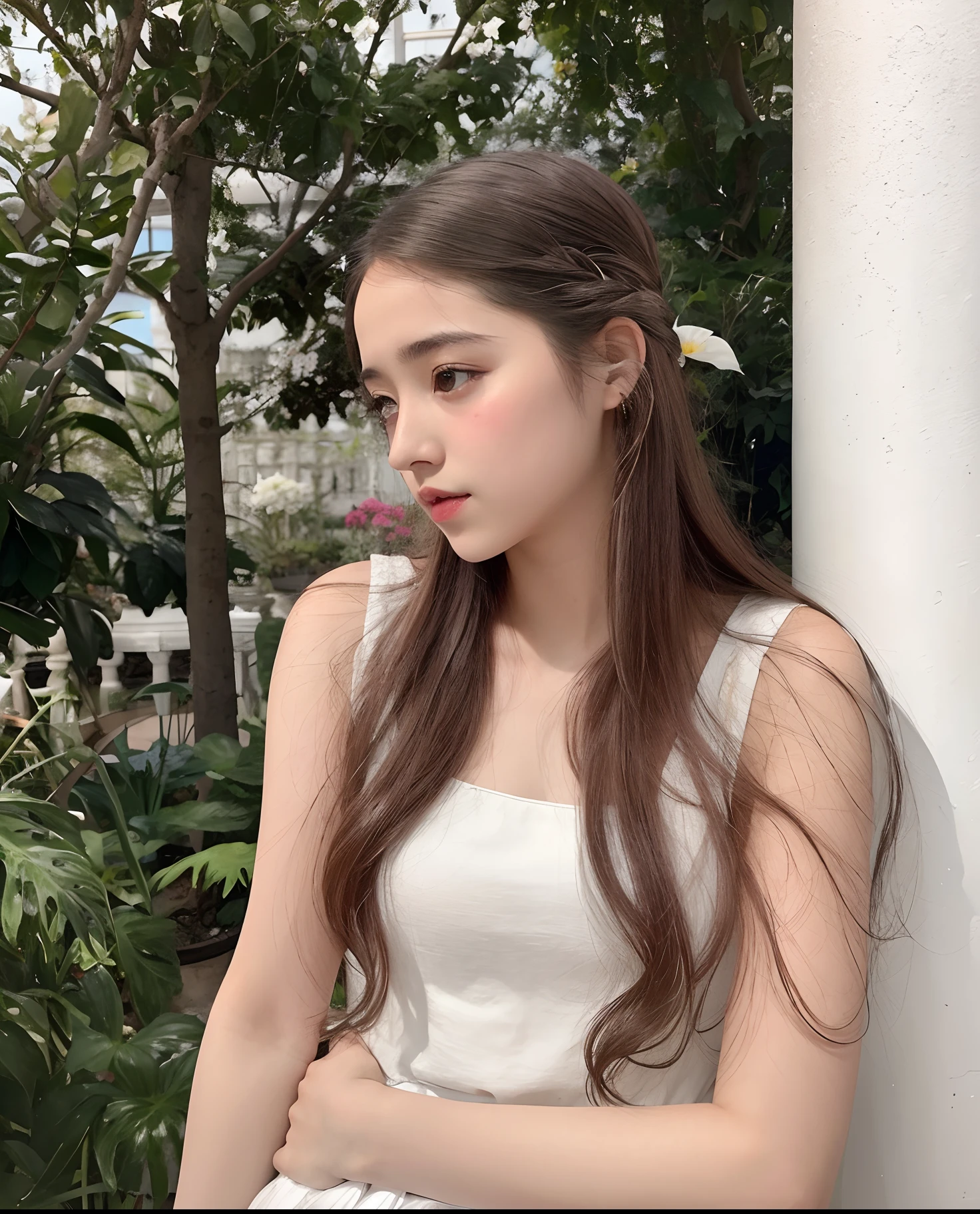 There's a girl standing against a white pillar with a flower in her hair, Peinado blanco de corte hime, dilraba dilmurat, con el pelo largo, pale fair skin!!, Una linda joven, Chica joven y linda, hermosa joven, linda joven, ivory pale skin, Asian girl with long hair, Una hermosa joven, Joven muy hermosa