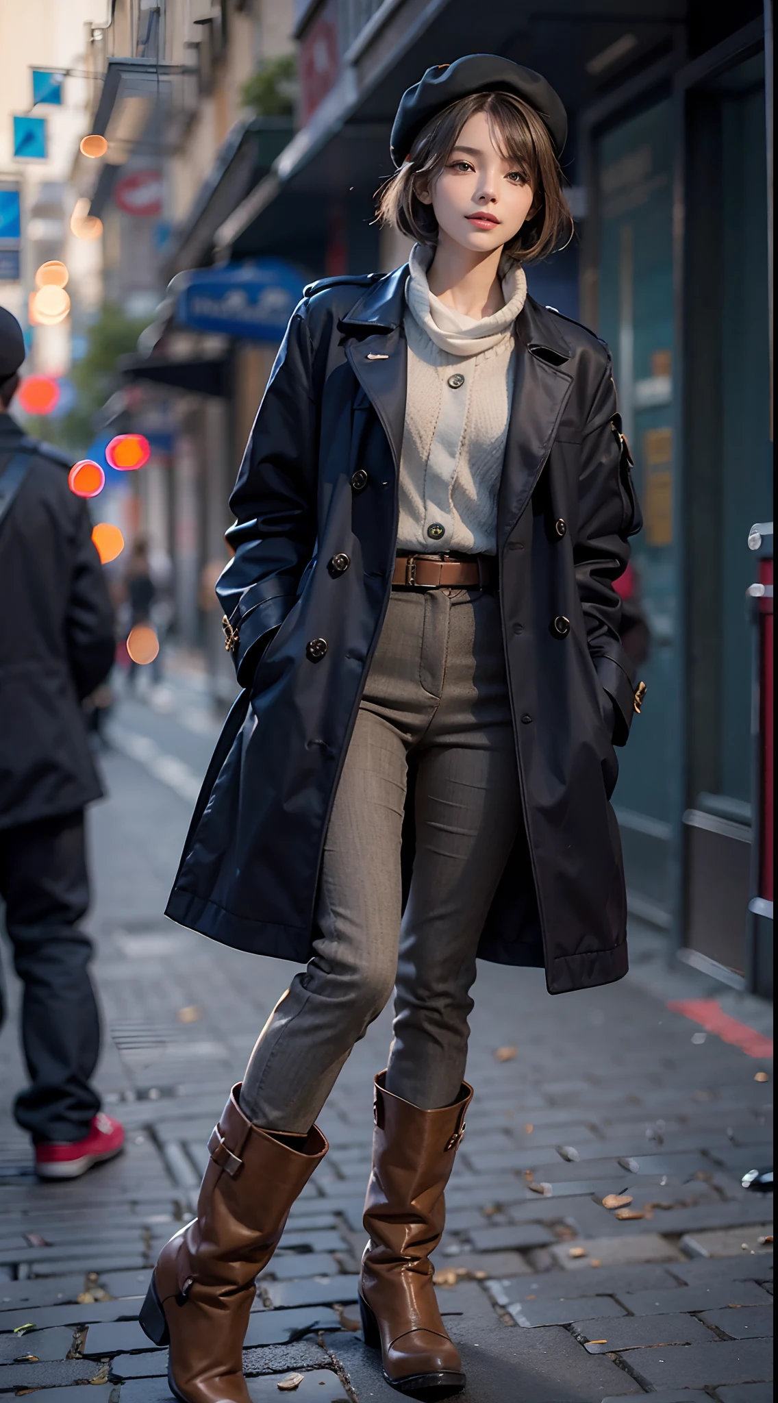 Streets of Paris, coat, beret, Skinny Long Pants, long boots, Smiling smile, (NSFW), 1womanl, 独奏, 24 year old, 7headed body, (Ideal ratio body proportions), (Composition from head to thigh), erectile nipple, Sexy body, Wet, short-hair, A dark-haired, small tits, A slender, Small buttocks, beauty legs, Skinny Legs, surrealism, Cinematic lighting, depth of fields, One-person viewpoint, F/1.8, 135 mm, nffsw, masutepiece, ccurate, ((Anatomically correct)), Textured skin, Super Detail, high details, High quality, awardwinning, Best Quality, hight resolution, 8K