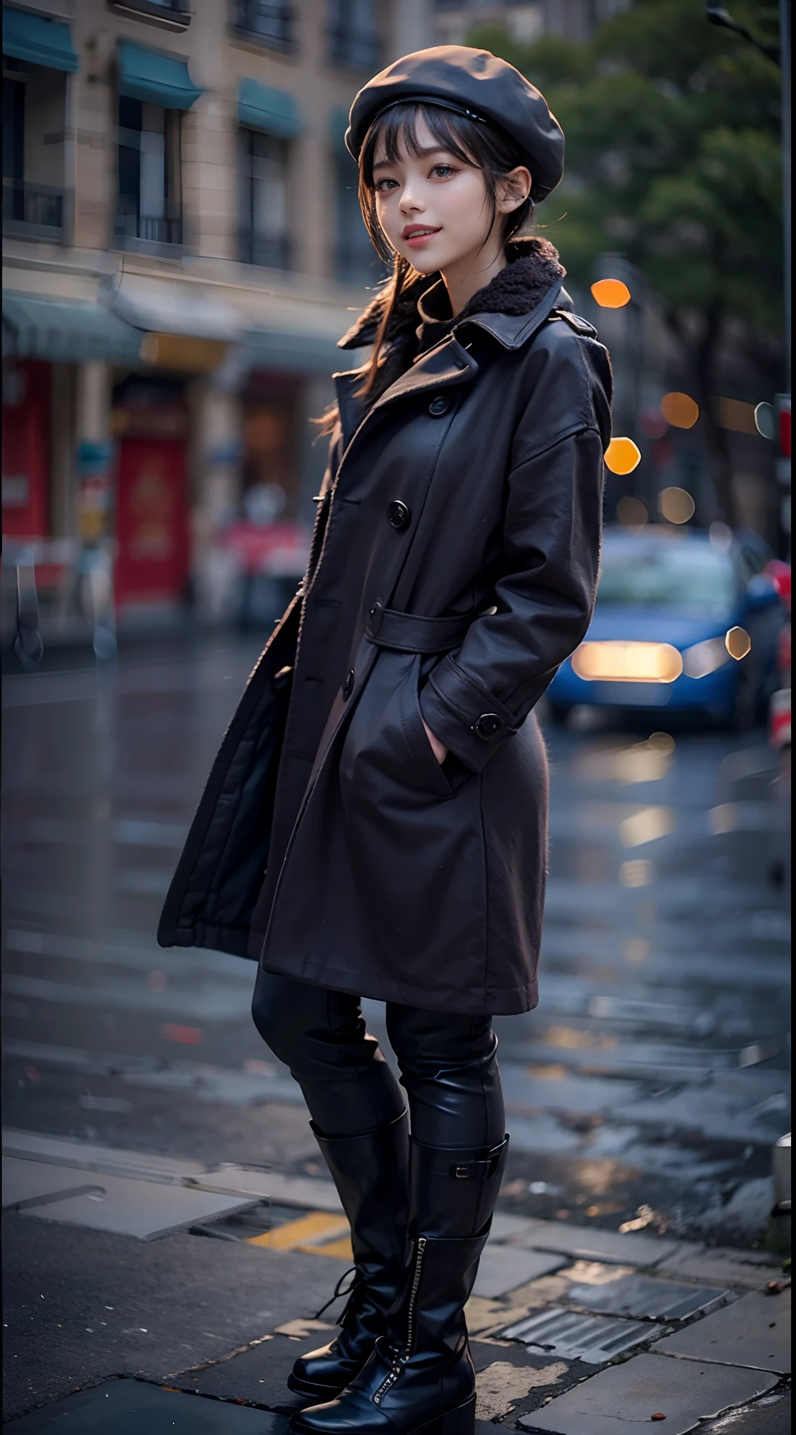 Streets of Paris, coat, beret, Skinny Long Pants, long boots, Smiling smile, (NSFW), 1womanl, 独奏, 24 year old, 7headed body, (Ideal ratio body proportions), (Composition from head to thigh), erectile nipple, Sexy body, Wet, short-hair, A dark-haired, small tits, A slender, Small buttocks, beauty legs, Skinny Legs, surrealism, Cinematic lighting, depth of fields, One-person viewpoint, F/1.8, 135 mm, nffsw, masutepiece, ccurate, ((Anatomically correct)), Textured skin, Super Detail, high details, High quality, awardwinning, Best Quality, hight resolution, 8K