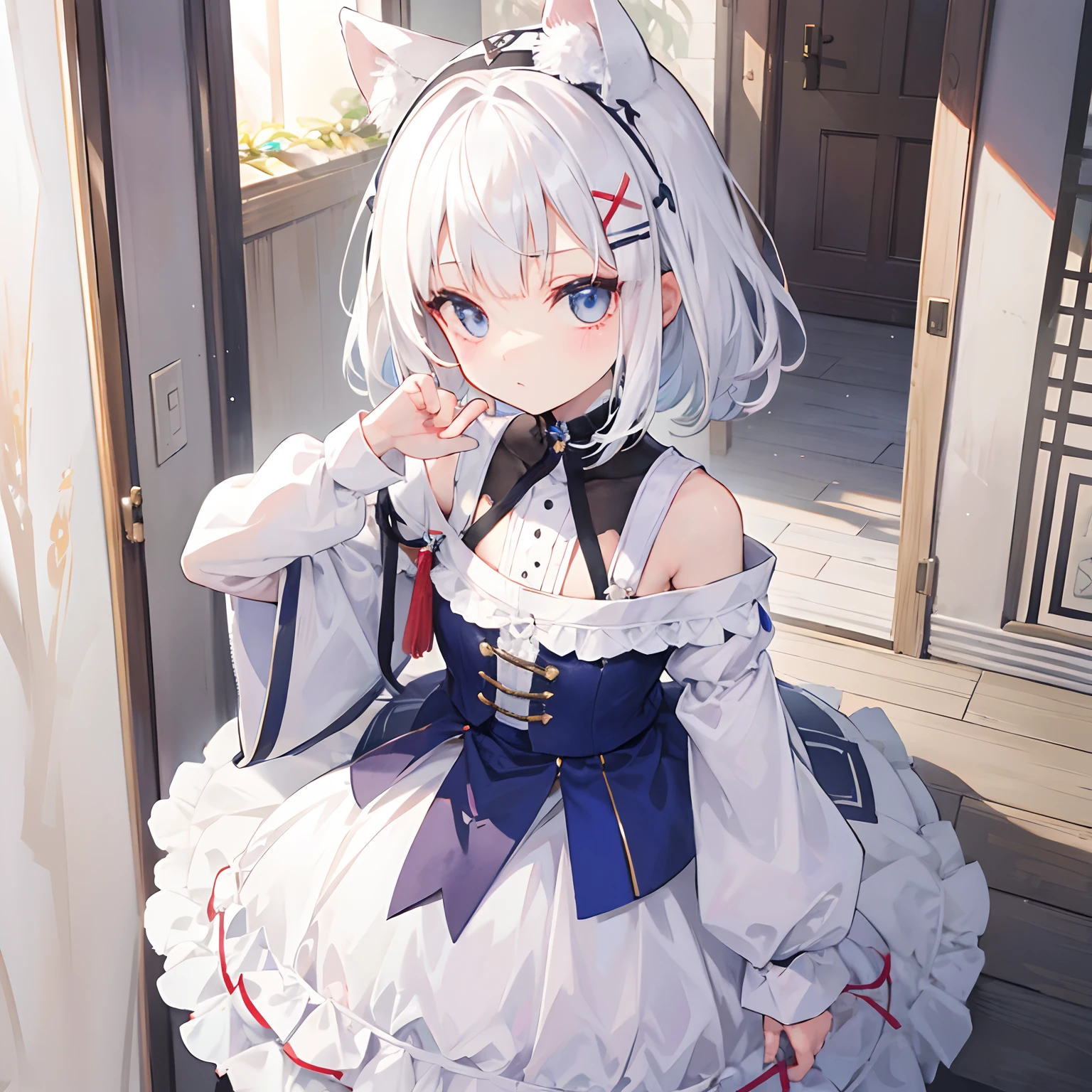 A petite girl with white hair,Wear a triangular hair ornament on his head