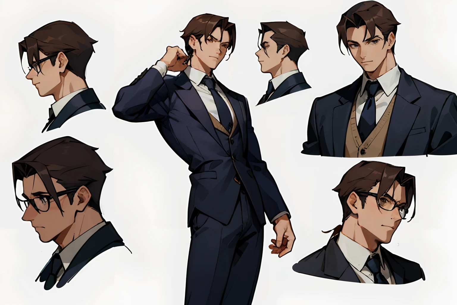 tmasterpiece,top-quality,((character sheets,Same character,gauges,Lateral face,A sole)),environment change scene,Pose Jitai,Chartaran Betarola,(simple background、white backgrounid:1.3),illustratio,1 Male humans，Suit thugs，Handsome，uncles，Strong body，chest muscle，Abs,brunette color hair,wears glasses,Black trousers,Neck tie,multi view