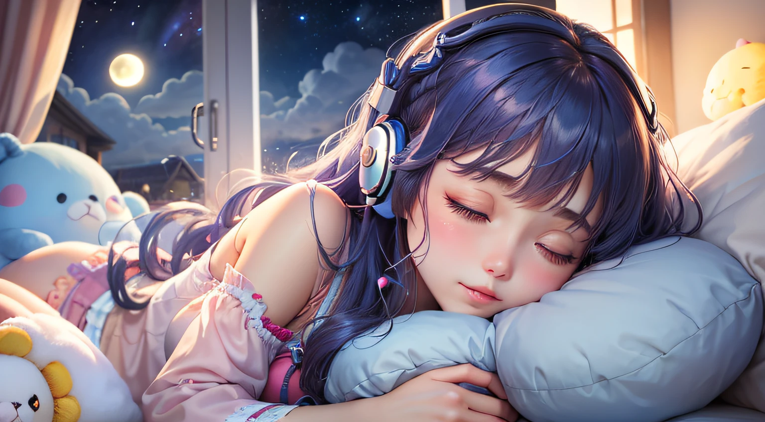 colorful、on clouds、kosmos、night, Big Moon in window、realistic、The girl is sleeping、She wears delicate headphones that blend into her hair, Only one stuffed animal、closed eyes, hugging pillow、超A high resolution