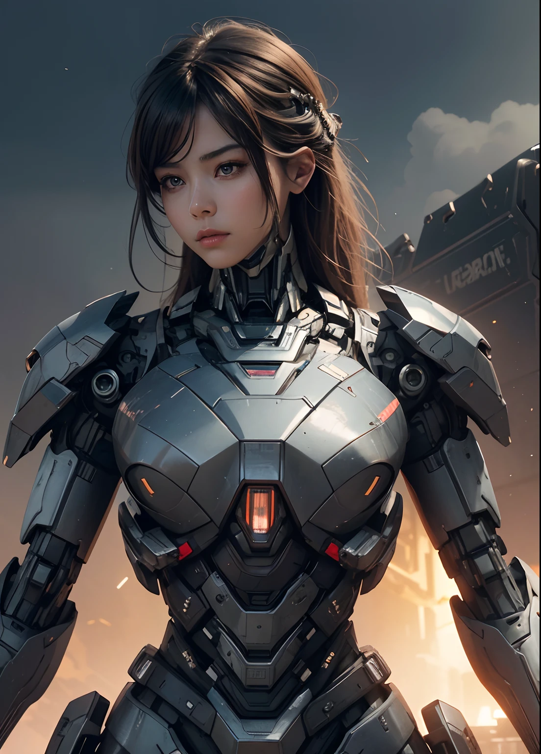 Textured skin, Super Detail, high details, High quality, Best Quality, hight resolution, 1080p, hard disk, Beautiful,(War Machine),beautiful cyborg woman,Mecha Cyborg Girl,Battle Mode,Girl with a Mecha Body,She wears a futuristic war machine mech,Fulll body Shot