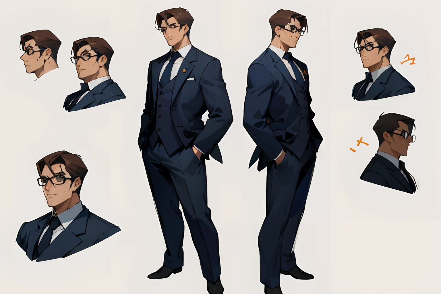 tmasterpiece,top-quality,((character sheets,Same character,gauges,Lateral face,A sole)),environment change scene,Pose Jitai,Chartaran Betarola,(simple background、white backgrounid:1.3),illustratio,1 Male humans，Suit thugs，Handsome，uncles，Strong body，chest muscle，Abs,brunette color hair,wears glasses,Black trousers,Neck tie,multi view