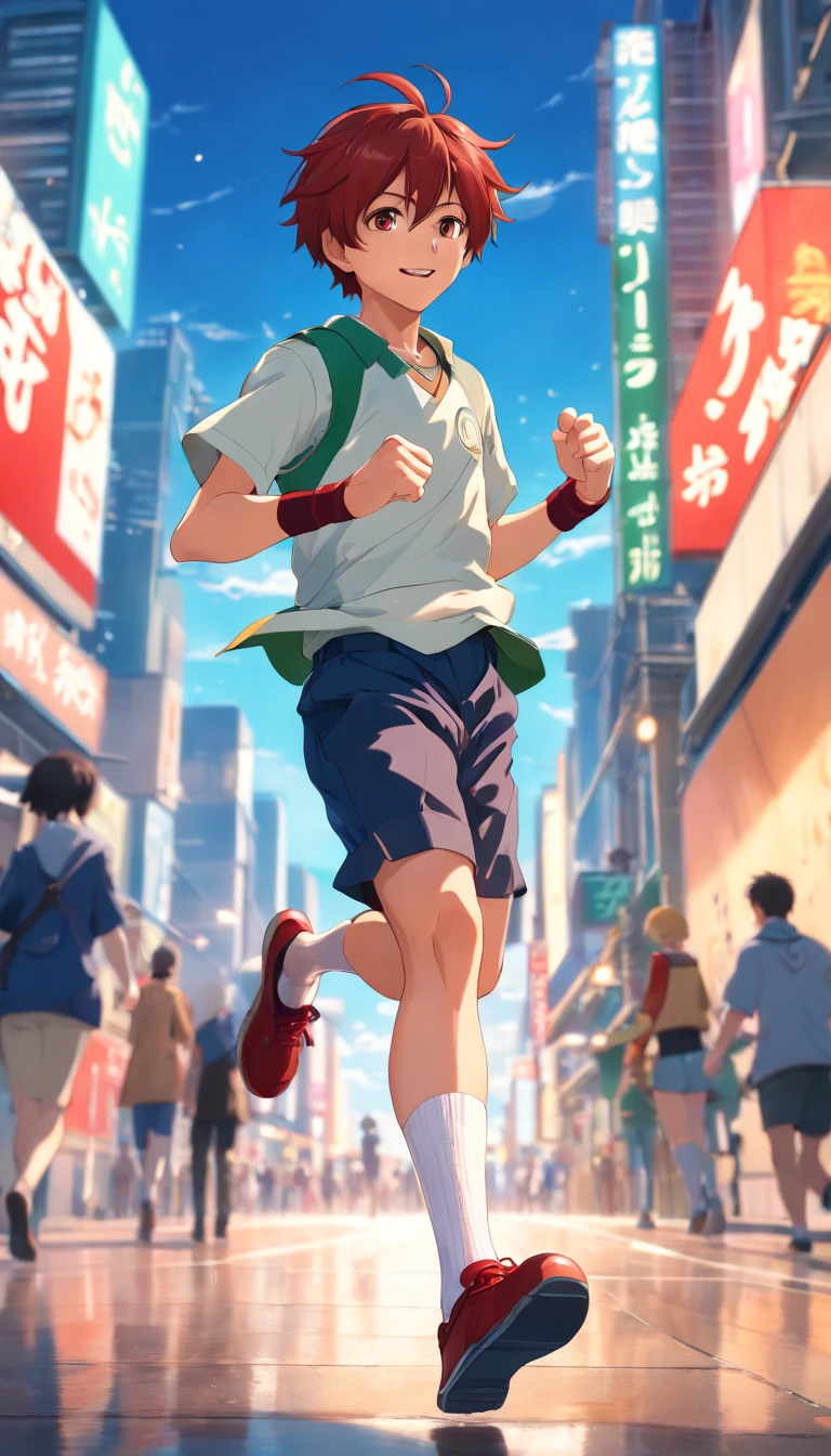 (best quality,4k,8k,highres,masterpiece:1.2),ultra-detailed,(realistic,photorealistic,photo-realistic:1.37),boy with red hair,wearing DK attire,running with a smile,battle pose,dual-colored eyes,white socks,expression of contempt,wide-angle lens.