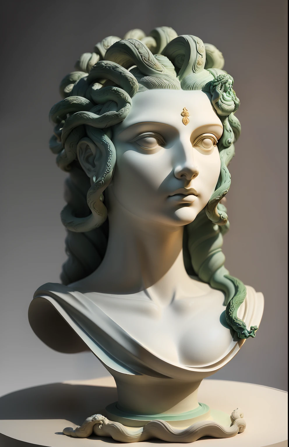 ((masterpiece)), ((Sculpture)), Medusa, Sculpture, made of clay, full body, ceramic artstyle, the hair is composed of countless small snakes, ceramic art background female face,  royal aura, trend on artstation, Handmade, made of clay, illustration, mande of clay, professional