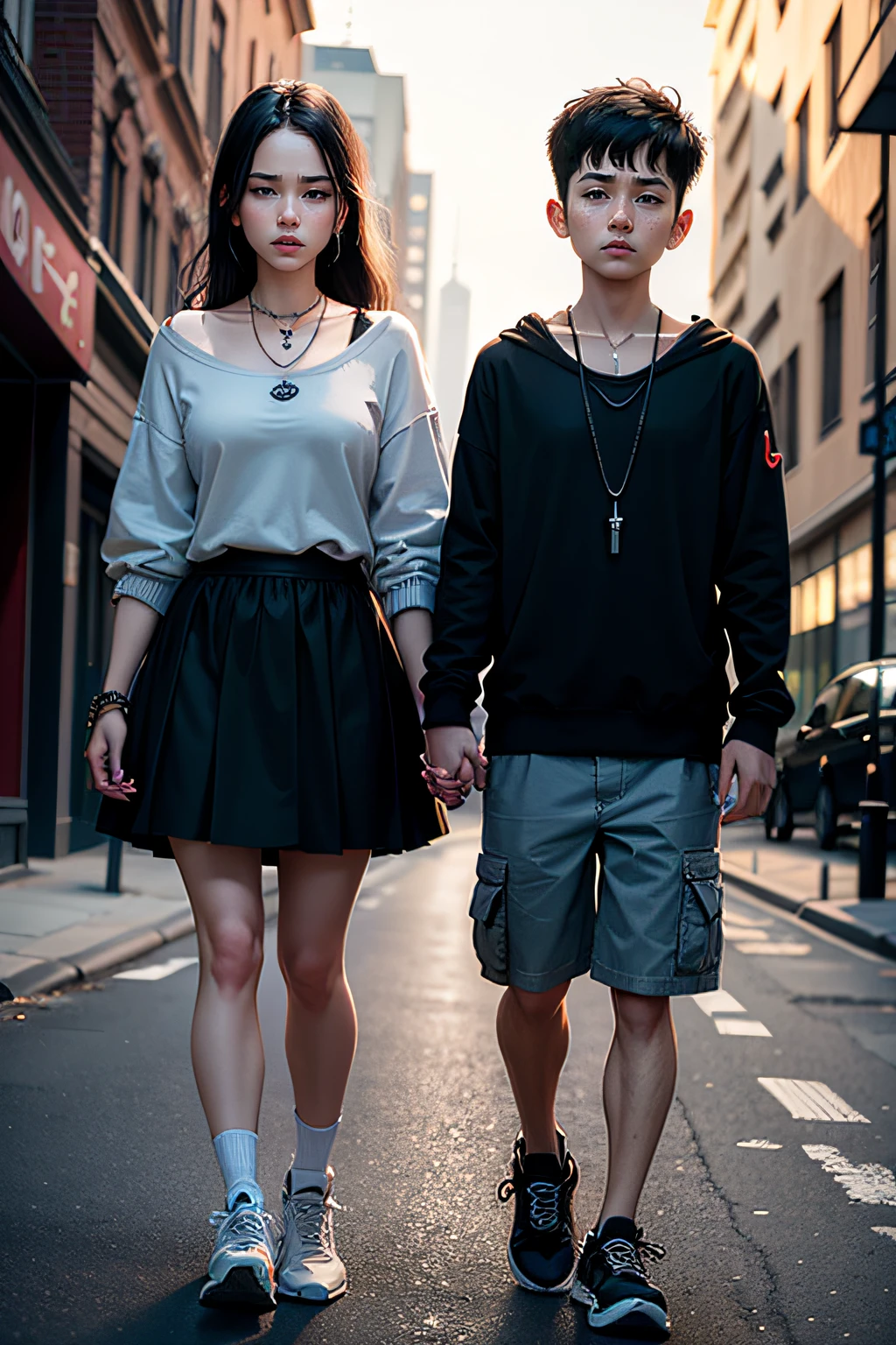 girl and boy, a couple love, 4k, very detail, realistic, necklace, many bracelet, nike shoes, full body, see viewer, 25 years old, scary face, grey theme, fancy