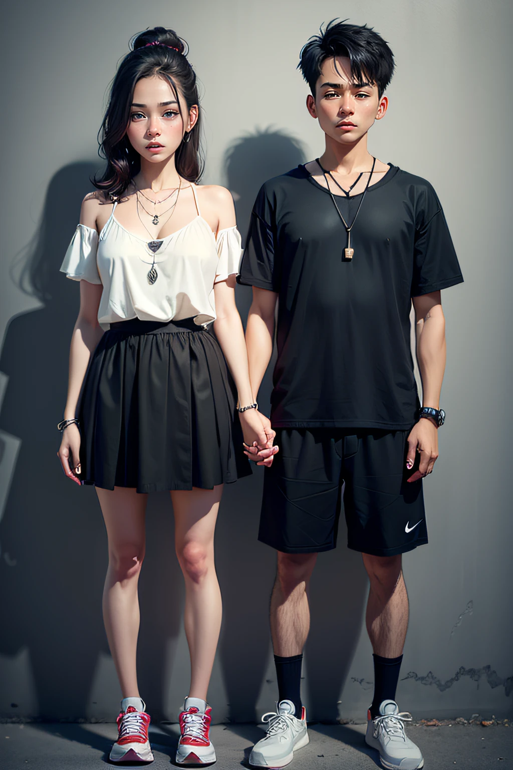 girl and boy, a couple love, 4k, very detail, realistic, necklace, many bracelet, nike shoes, full body, see viewer, 25 years old, scary face, grey theme, fancy