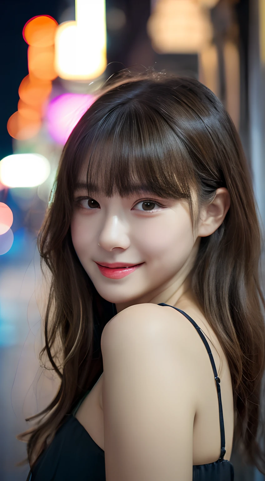 Blown by the long wind [blue-black:.3] hair,Looking at Viewer, (masutepiece:1.3), (8Kde, Photorealistic, Raw photo, Best Quality: 1.4), Japanese, (1girl in), Beautiful face, (Realistic face), {Wavy or medium hair|Bob with long bangs|short hair with long bangs}{Black hair|Brown hair|Blonde hair}, Beautiful hairstyle、Realistic eyes、Beautiful detailed eyes、(Realistic skin)、Beautiful skin、Attractive、超A high resolution、A hyper-realistic、Betting Details、the golden ratio、masutepiece, Best Quality, 8K, 15yo student, Teen, Raw photo, absurderes, award winning portrait, Smile, Smile, Solo, Night, neons, Idol face, violaceaess, gardeniass, Delicate girl, Upper body, Digital SLR, Looking at Viewer, Candid, Sophisticated, zora々Right, Thin arms, Professional Lighting, Film grain, chromatic abberation, (Eyes and faces with detailed:1.0), (Bokeh:1.1)