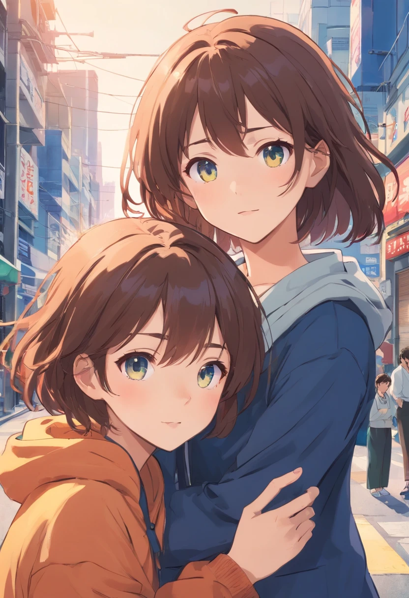 Manga Storyboard: 1.8, Manga Layout, "Dry brush, detail Enhanced, Detailed finger、Detailed hand、A detailed face、32K ,1990s style ), Two cute twin girls with different eye colors、Same clothes、The same face、A dark-haired、Different eye color。embracing each other