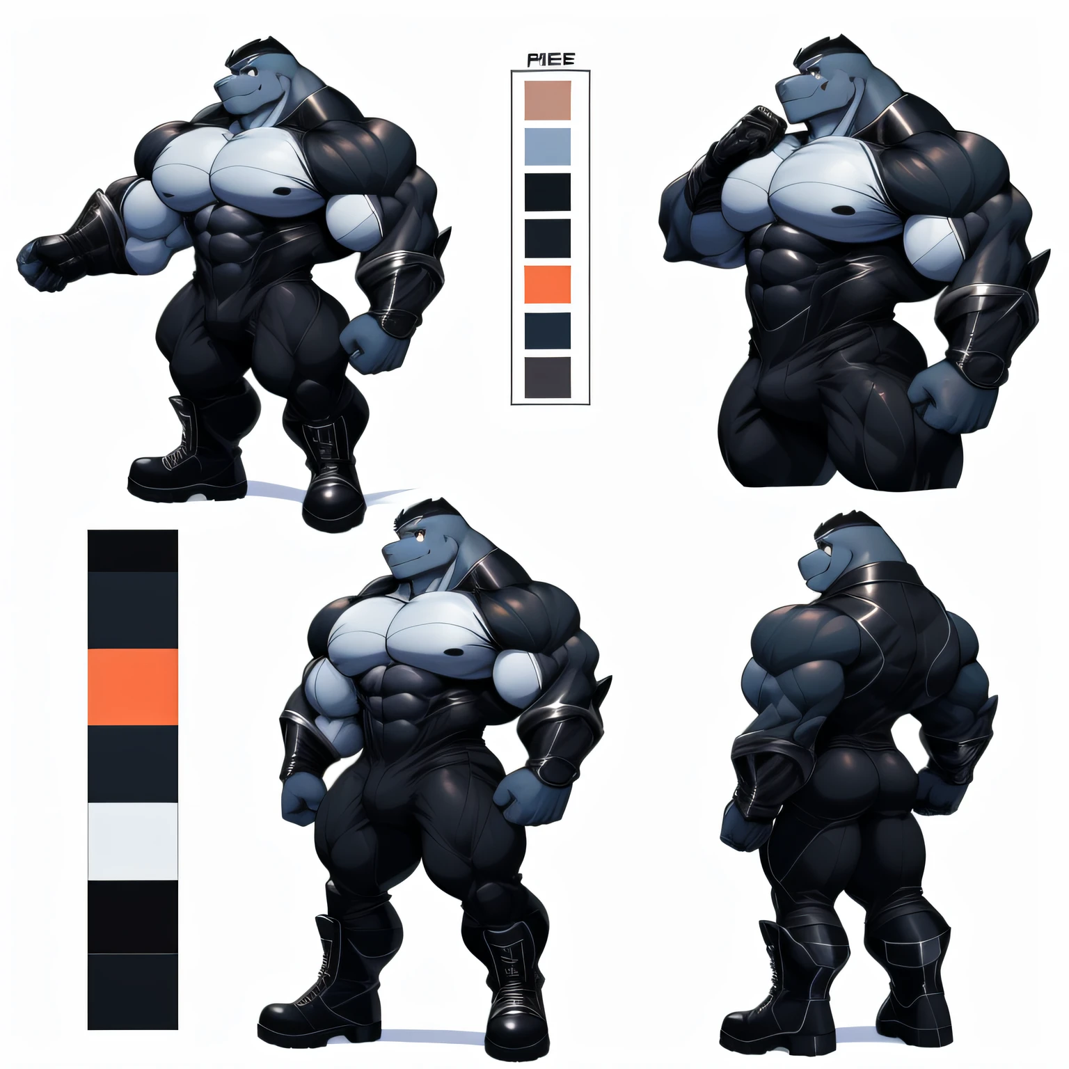 Close-up of a character, ((Character concept art)), ((Character Design Sheet, Same character, front, from the side, back)) Image of the character, video game character design, video game character design, ((Masterpiece)), (((Best quality))), illustration, environment Scene change, pose too, (Simple background, white background: 1.3) lap, multiple_Views, Concept art, Reference sheet, multiple views, (Multiple views of the same character in the same outfit: 1.3.) Machoke, Gigachad, (very detailed eyes:1) (very detailed face:1) (very detailed iris and pupils :1.2) black bodysuit, massive muscles, huge pecs, ((massive pectorals)) ((huge pectorals)) chiseled abs, huge pectorals, exaggeratedly huge muscles. A pokémon hero whose presence inspires trust and respect. (((His black latex bodysuit covers from neck to ankles and the sleeves completely cover the arms, boots, gloves.))) ((black latex bodysuit)) huge muscular thighs firm, round buttocks and round butt in with his back, huge ass ((huge buttocks))