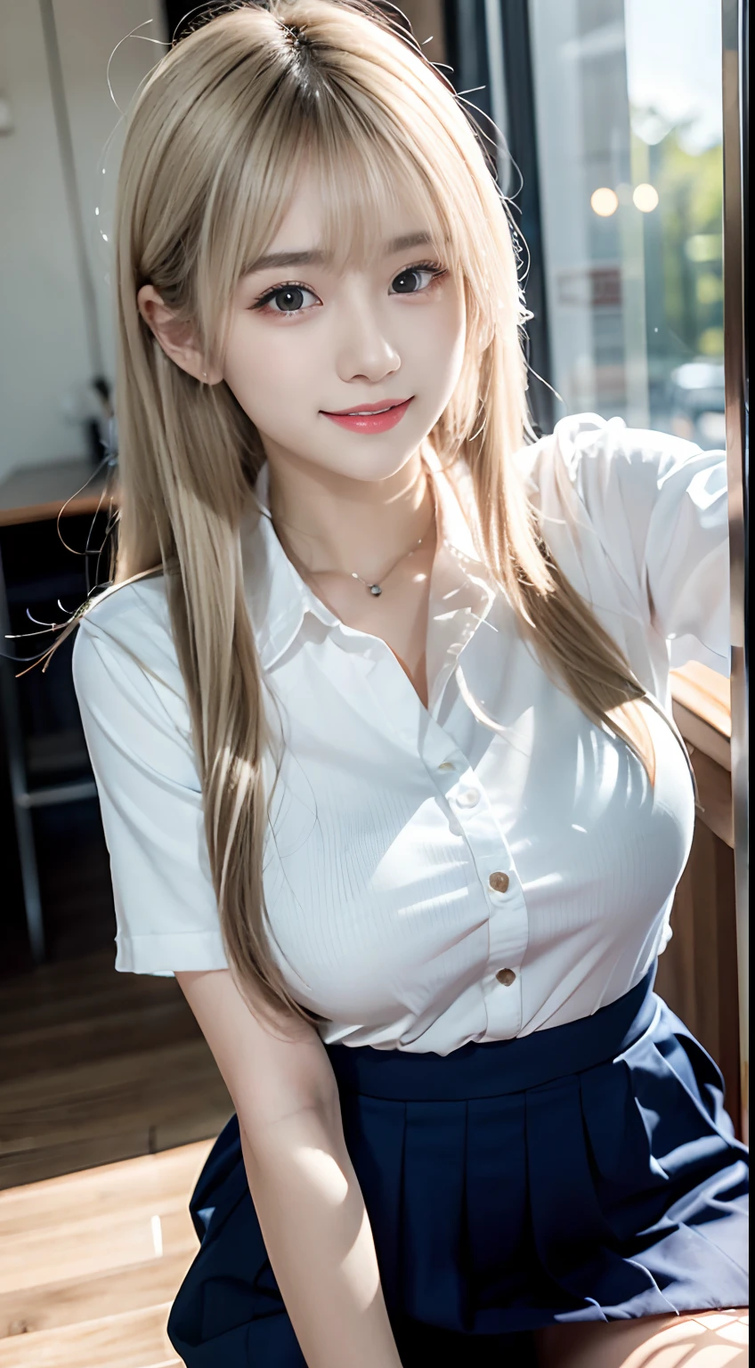 portlate、School Uniforms、bright expression、poneyTail、Young shiny shiny white shiny skin、Best Looks、Blonde reflected light、Platinum blonde hair with dazzling highlights、shiny light hair,、Super long silky straight hair、Beautiful bangs that shine、Glowing crystal clear attractive big blue eyes、Very beautiful nice cute girl、Lush bust、smil、full body seen、with slit、