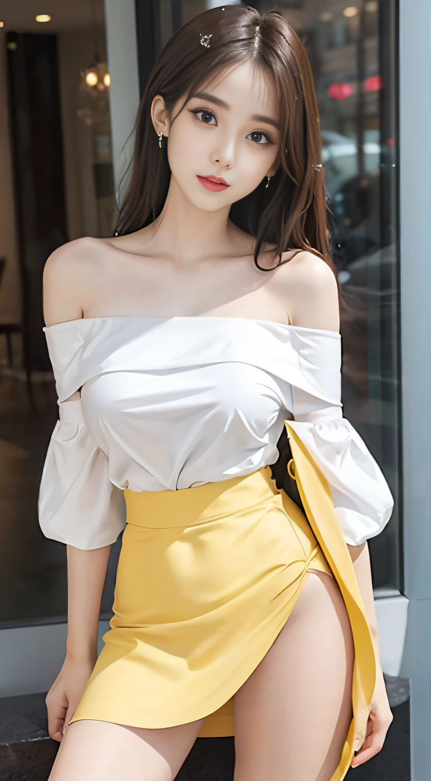 Best image quality,exquisitedetails,Beautiful girl,long eyelasher,largeeyes,Sapphire eyes,Lying silkworm,Moisturize lips,Delicatemakeup,(facial closeups),(full bodyesbian),(Slender legs),White skin,(Yellow off-the-shoulder shirt,Superskirt),sweet,Long flowing hair,Highest image quality,Slim figure,The bust is prominent,Large breasts,(Faraway view)