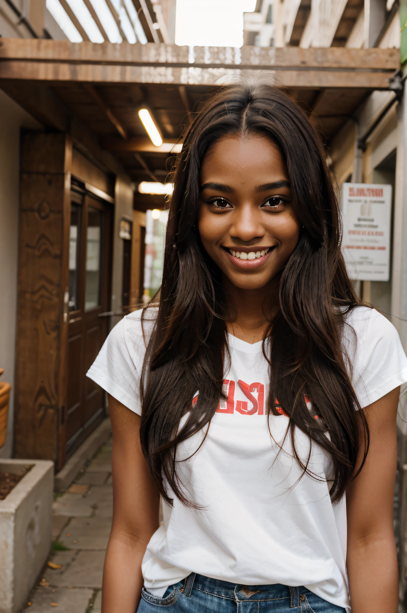 brown skin woman, 19 years old, long hair, big smile