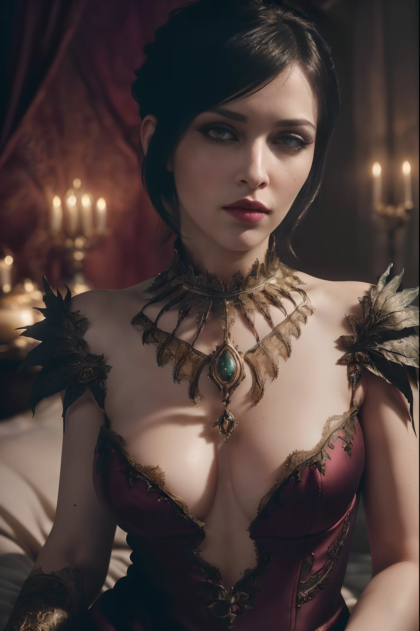 Masterpiece, Morrigan from Dragon Age, high detail plunging sexy gothic dress, lying on a bed, intricately detailed background, (UHD, 8K wallpaper, High resolution), Cinematic lighting, award-winning, extremely detailed skin, extra detailed face, high detail eyes, photo-realistic, Zeiss 85 mm F/1.4, by Ellen von Unwerth