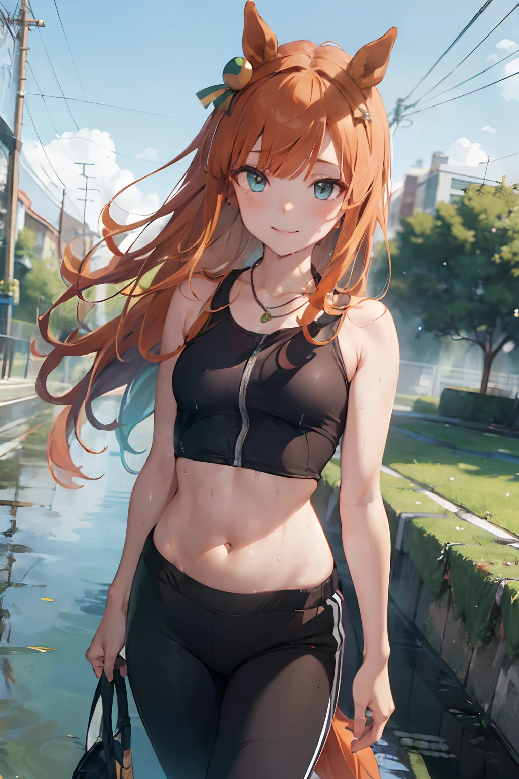 nsfw, masterpiece, 1 girl, intricately detailed, croptop, navel, necklace, orange hair, jogging pants, smiling, extremely detailed, photorealistic, octane render, 8 k, unreal engine., bare breasts, bare stomach, sweaty, puddle, wet body, beautiful face, small breasts, ite body, chilat chest, silence suzuka \(umamusume\), jogging, park, horse ear, horse tail