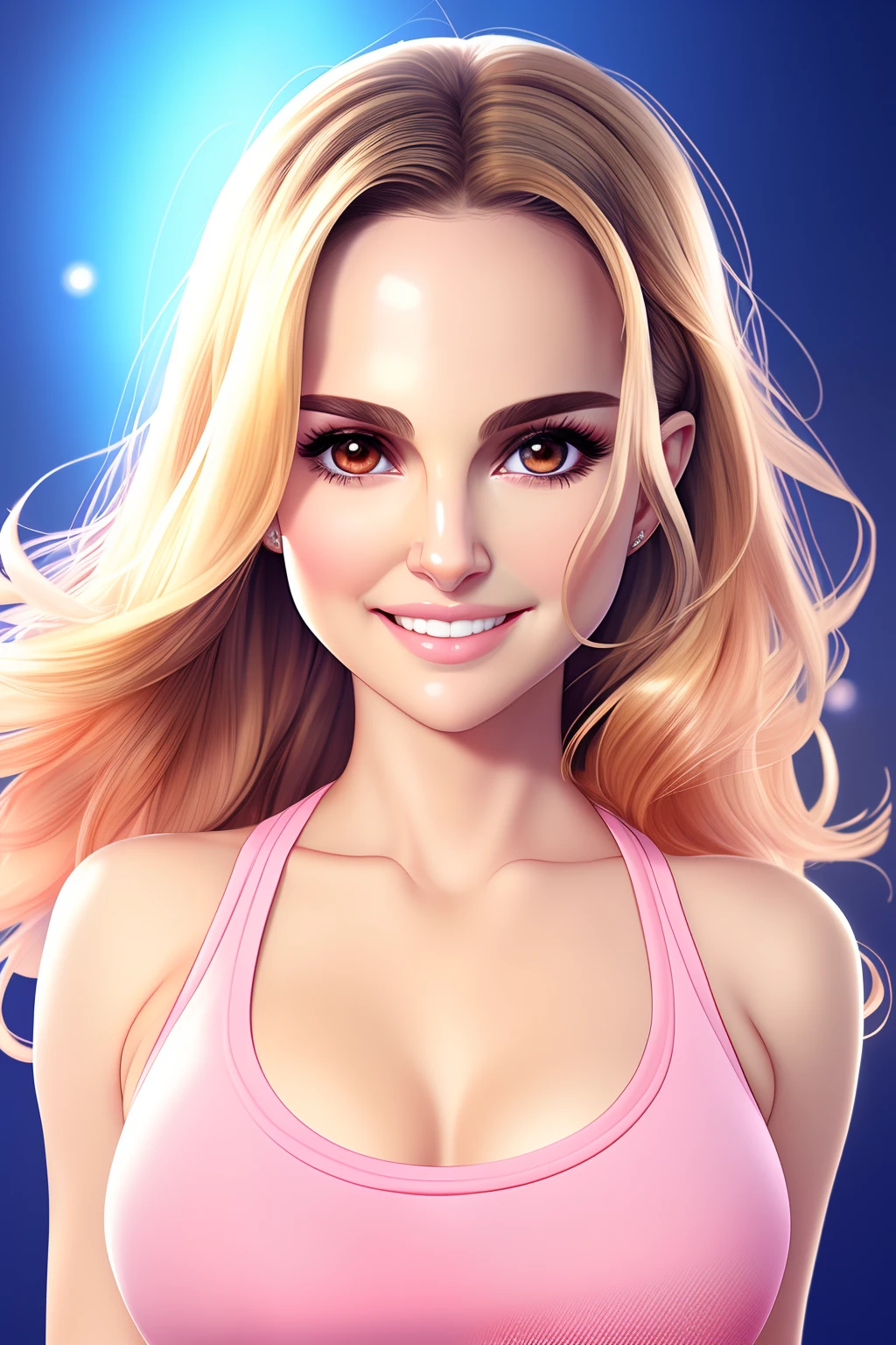 body portrait,flat vector art, beautiful,woman, beautiful anime style woman,(Natalie Portman),looking at camera,big smile,front view,smiling,Blonde flat color, wide angle,centered,clean detailed facesbeautiful eyes,beautiful eyelids,beautiful pupils,beautiful iris,wear (pink toptank and denim shorts), analogous colors, glowing shadows, beautiful gradient, depth of field, clean image, high quality, high detail, high definition, Luminous Studio graphics engine, cute face, slim waist, nice hips,