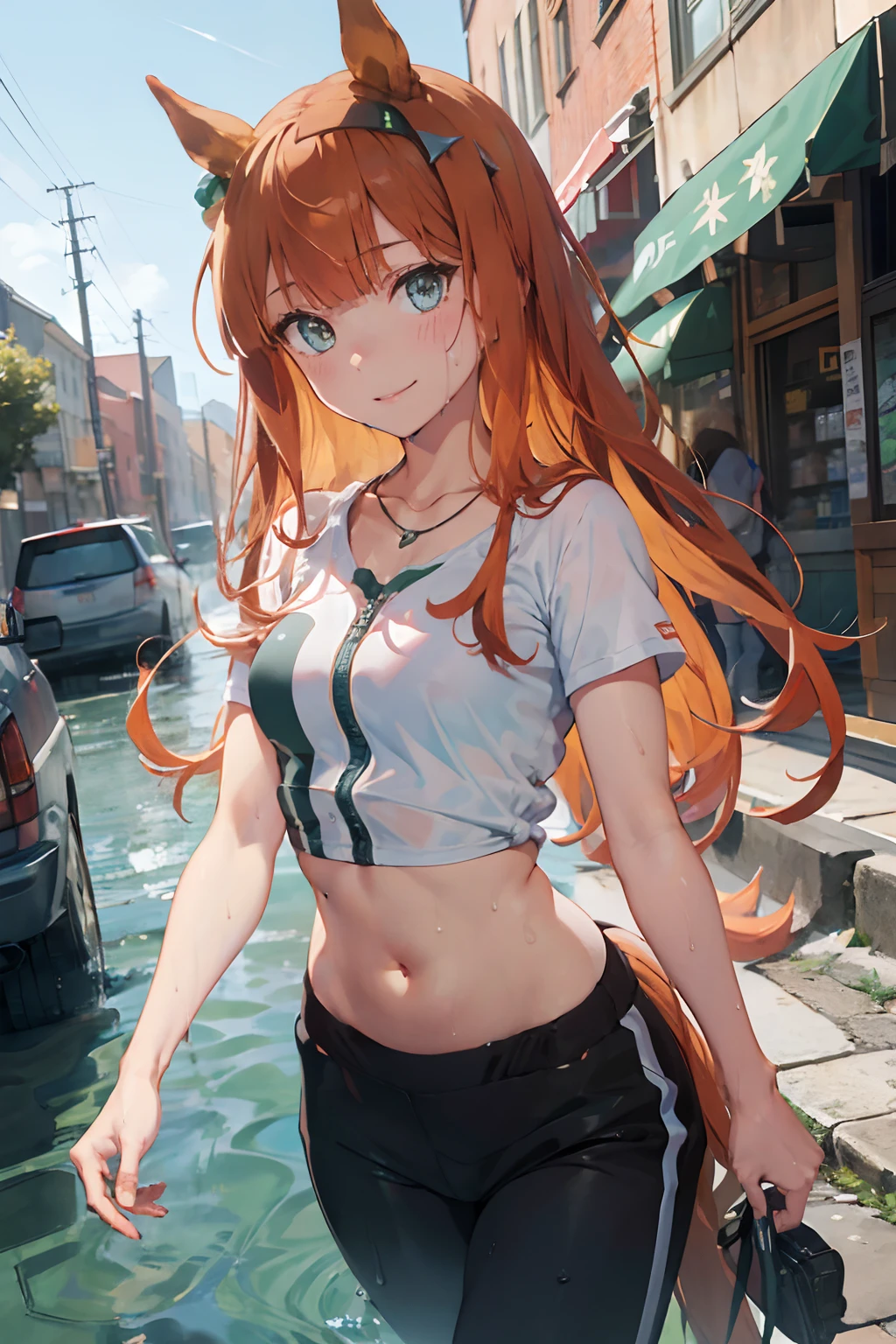 nsfw, masterpiece, 1 girl, topless, intricately detailed, navel, necklace, orange hair, jogging pants, smiling, extremely detailed, photorealistic, octane render, 8 k, unreal engine., bare breasts, bare stomach, sweaty, beautiful face, small breasts, flat chest, silence suzuka \(umamusume\), park, horse ear, horse tail, bare shoulders, nipples, holding water bottle, nude