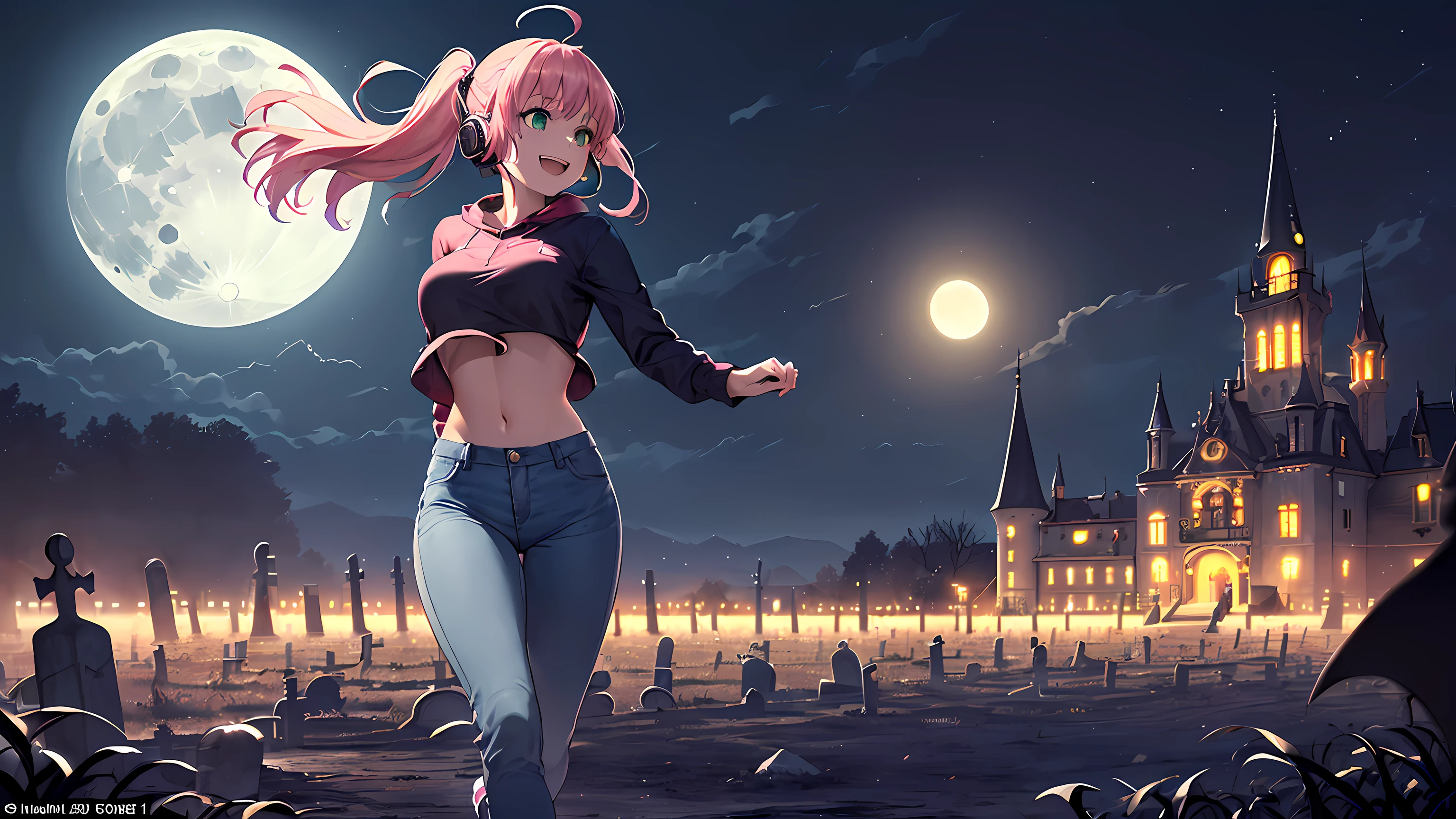 masterpiece, 1girl ((20year old, crop top exposes navel, tight blue jeans, sneakers, medium breasts, multicolor pink hair, twin ponytails, perfect model body, green eyes:1.4, flirting, happy, big smile, headphones, running:1.1 in a spooky graveyard with an old Victorian style haunted house castle in the background at night, moonlight:1.2, scary, spooky, dark atmosphere:1.2)) ((nighttime)) ((solo:1.6))