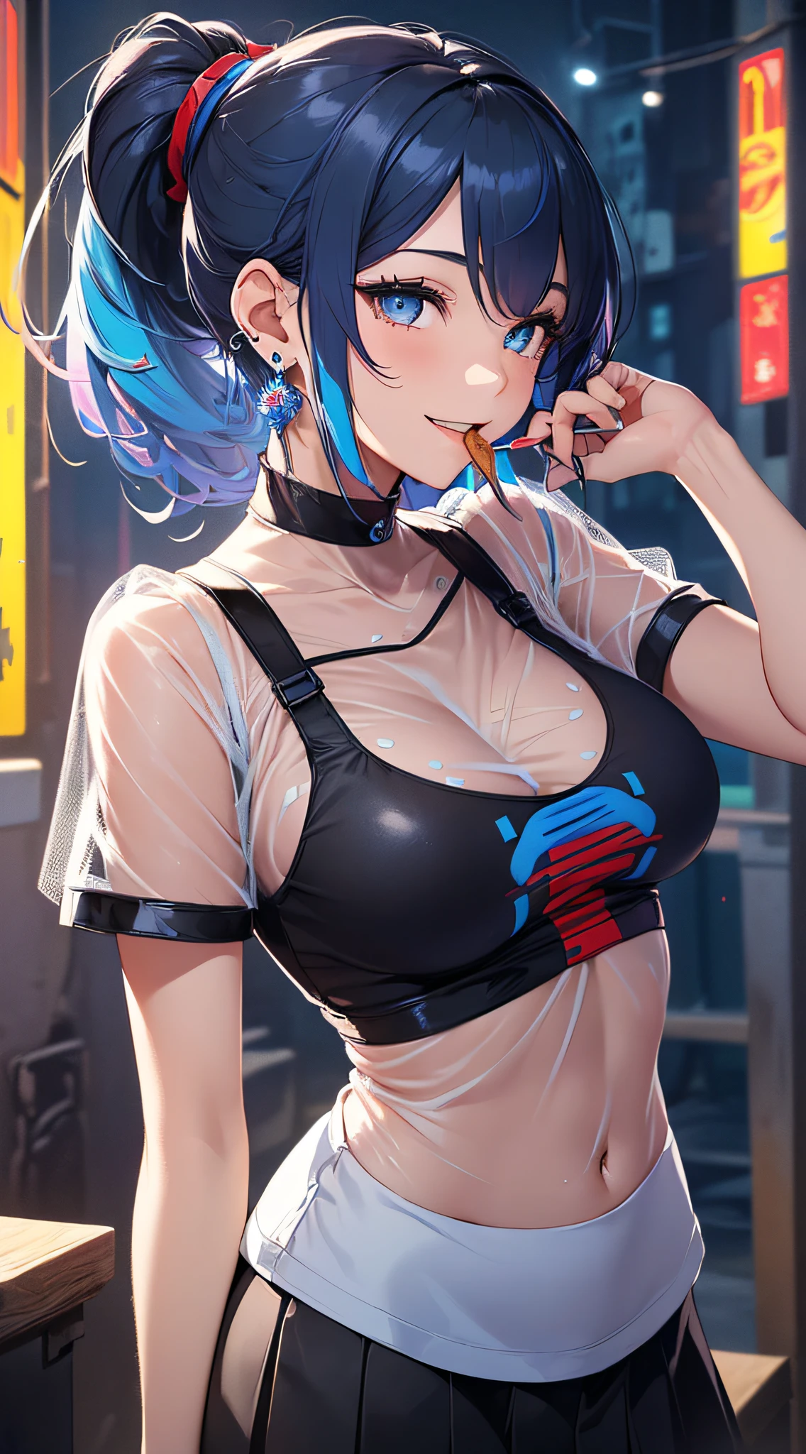 top-quality、Top image quality、masterpiece、girl with((18year old、Best Bust、Medium bust、Bust 85,Beautiful blue eyes、Breasts wide open,Black Short Sleeve T-Shirt、White see-through、Black short skirt、Ponytail with black hair、Smile Face、Beautiful blue earrings、A slender、Height 175cm,Leaning forward、Blue hair mesh、emphasizing breasts,eating hamburger))hiquality、Beautiful Art、Background with((Red and blue lighting、Night parade)),masutepiece、Elaborate design、visualart、depth of fields、The best lighting、highestdetailed、8k