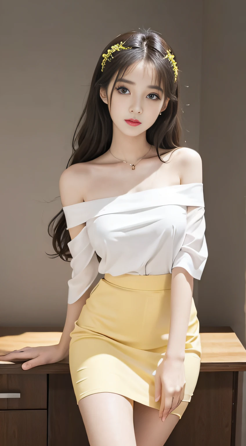 Best image quality,exquisitedetails,Beautiful girl,long eyelasher,largeeyes,Sapphire eyes,Lying silkworm,Moisturize lips,Delicatemakeup,(facial closeups),(full bodyesbian),(Slender legs),White skin,(Yellow off-the-shoulder shirt,Superskirt),sweet,Long flowing hair,Highest image quality,Slim figure,The bust is prominent,Large breasts,(Faraway view)