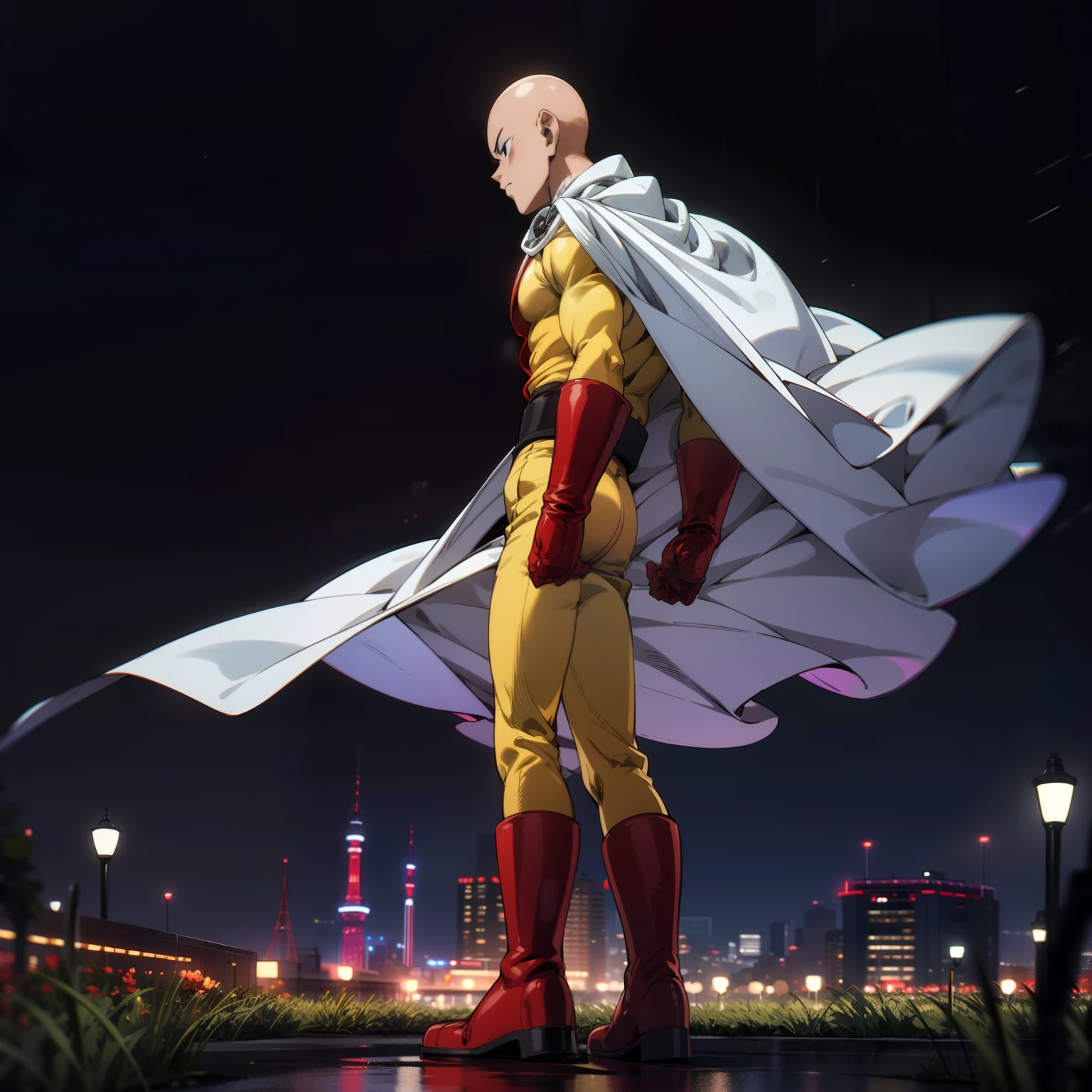 masterpiece, best quality, 1boy, (saitama), bald head, black eyes, red gloves and red boots, yellow clothes and white cape, standing, night city, detailed face, aura power, night, natural light, standing, male focus, strong muscles, movie composition, deth of field, bokeh, (futuristic), (full body),