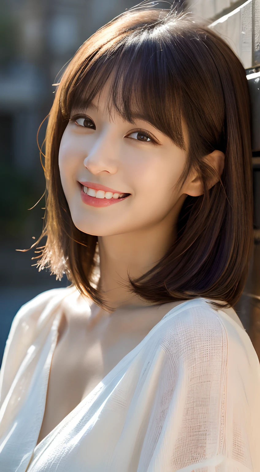 (Realistic:1.4), (surreal:1.4), (Smooth lighting:1.05), 1 Girl, Mouth closed, Laugh a little,  Pure beauty, 22 years ago, Soft lighting, Backlight, (High quality realistic skin texture), Narrow eyes, Very detailedな顔, Glowing Skin, retina, Anatomically correct, Acura, Very detailed, Rough skin, high quality, Advanced Details, 最high quality, High resolution,Morning forest with clear water flowing through it, Short hair swaying in the wind, bangs, blouse