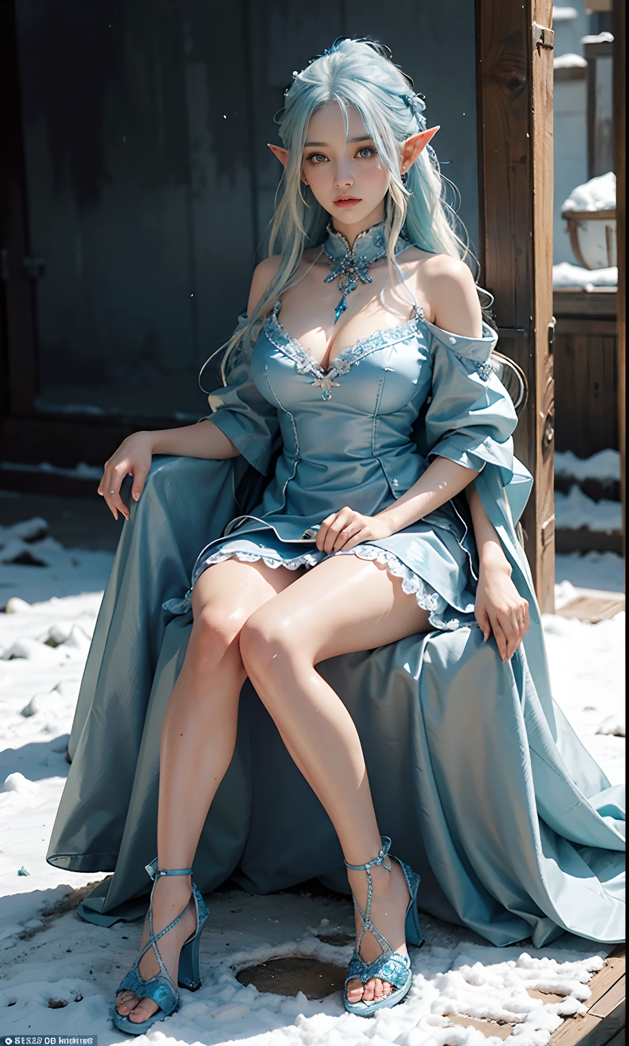 (raining day:1 girl with blue and white hair, Girl), tmasterpiece, best qualtiy, RAW photogr, realisticlying, the face, Incredibly Ridiculous res, Beautiful elf beauty,Elf Princess,ear studs,Get wet all over, (Extra-long blue and white hair is colored), Blue-purple crystal ta dress,light yarn,heeled sandals,depth of fields, A high resolution, ultra - detailed, filigree, RAWE is very detailed, very detailed eyes and faces, Sharp pupils, realistic pupil, tack sharp focus, cinmatic lighting,full bodyesbian,Bigboobs,long leges,From the front side,Throne on a snowy day,dynamicposes