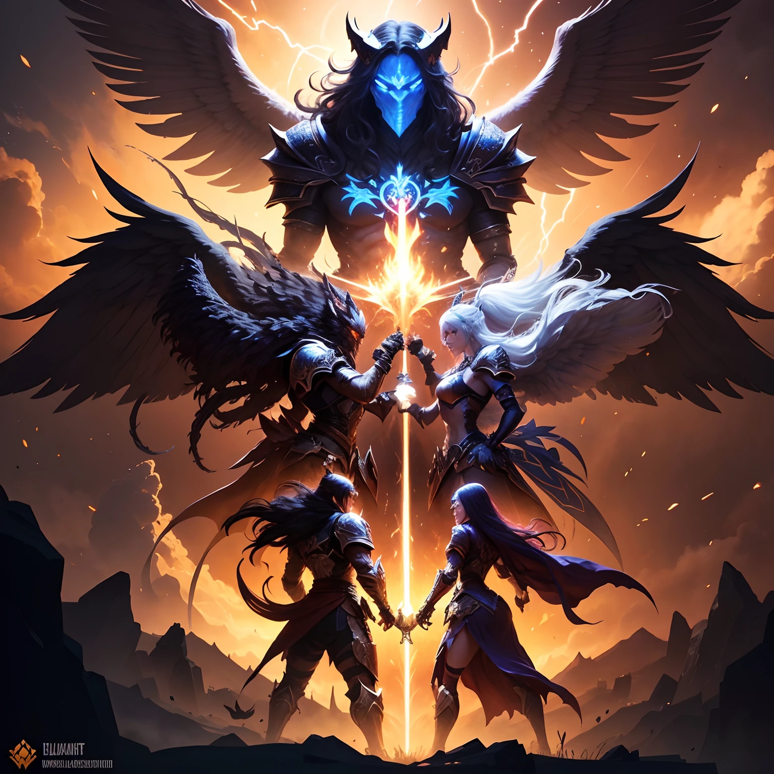 Logo distinctif pour la une ligue, a competitive entity in Eldorium, notre MMORPG. The logo should embody the spirit of fierce competition and glorious victory. Incorporate iconic elements such as crossover weapons, Twinkling Stars, or other symbols evoking the greatness of tournaments. Use a dynamic color palette to build competition excitement