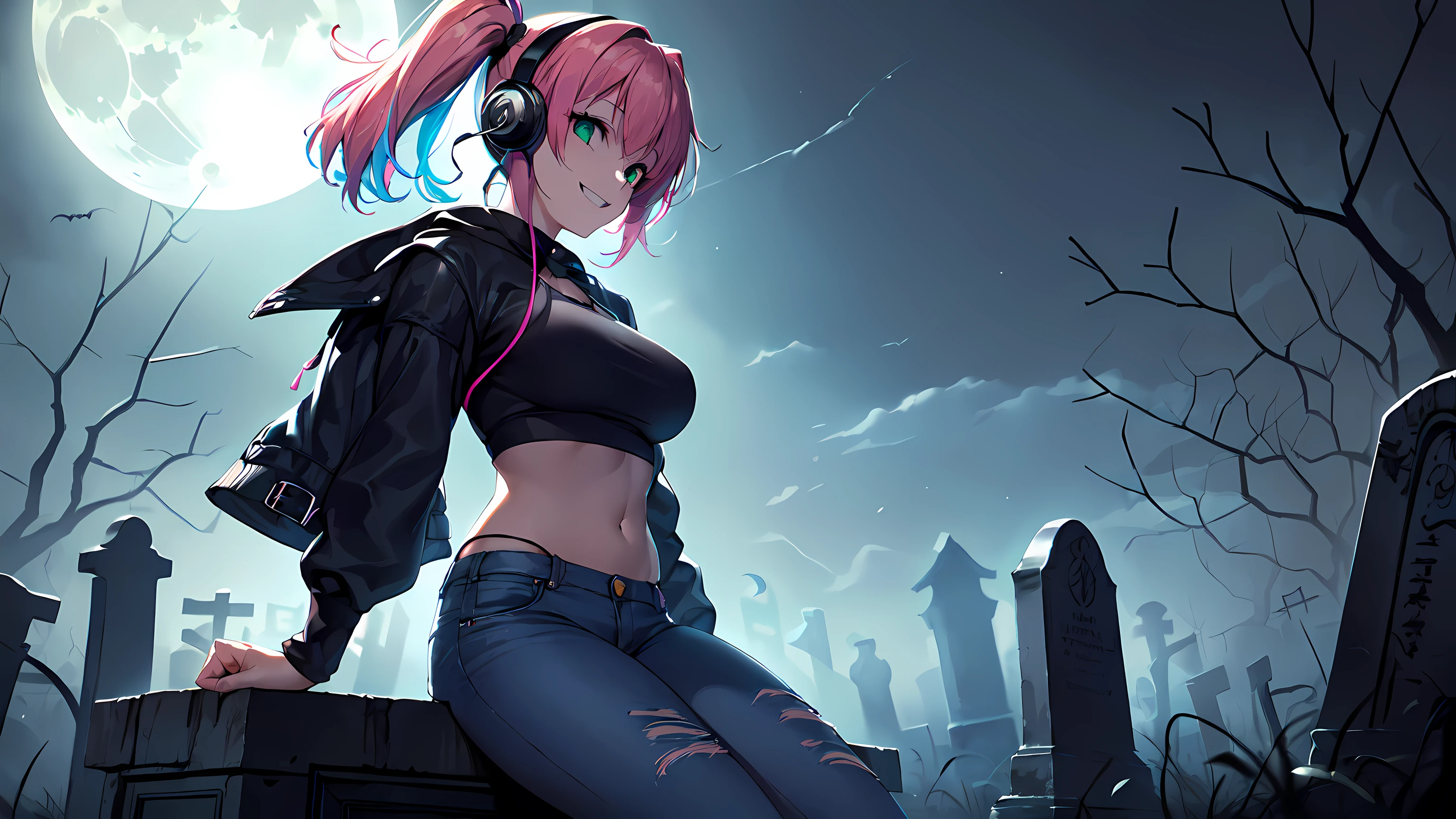 ​masterpiece, 1girl ((20year old, crop top exposes navel, tight blue jeans, sneakers, medium breasts, multicolor pink hair, twin ponytails, perfect model body, green eyes:1.4, flirting, happy, big smile, headphones, sitting on a tombstone:1.1 in a spooky graveyard with an old Victorian style haunted castle in the background at night, moonlight:1.2, scary, spooky, dark atmosphere:1.2)) ((nighttime)) ((solo:1.6))