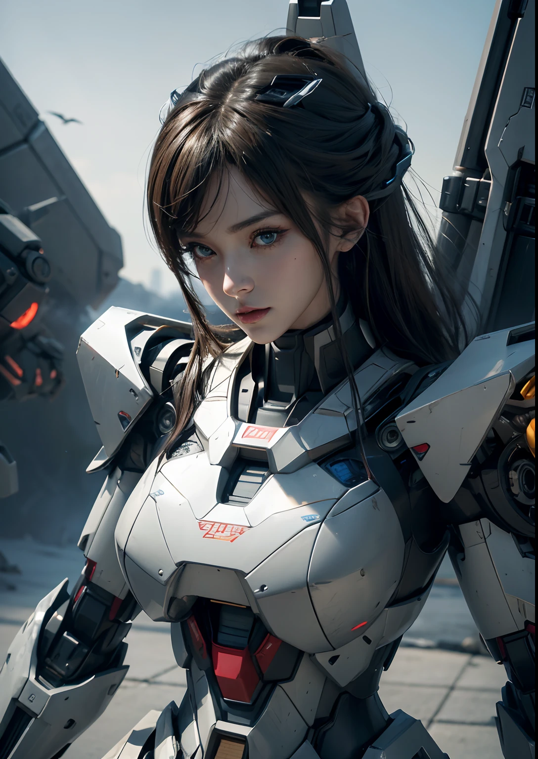Textured skin, Super Detail, high details, High quality, Best Quality, hight resolution, 1080p, hard disk, Beautiful,(Gundam),beautiful cyborg woman,Mecha Cyborg Girl,Battle Mode,Girl with a Mecha Body,She wears a futuristic Gundam mecha,Fulll body Shot