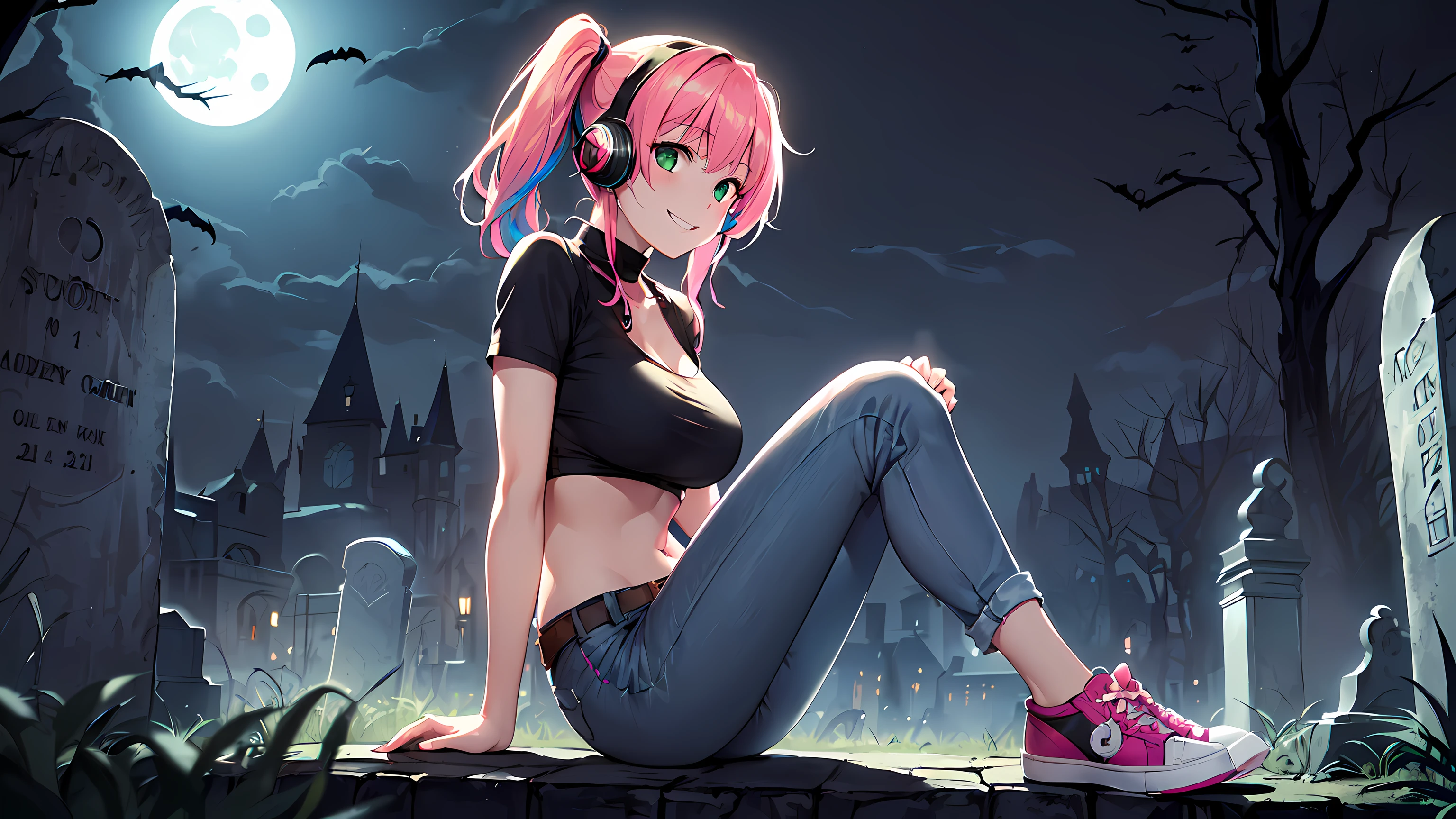 masterpiece, 1girl ((20year old, Black short sleeve hoodie exposes navel, tight blue jeans, medium breasts, multicolor pink hair, twin ponytails, green eyes, flirting, happy, big smile, headphones, standing in a graveyard at night, haunted houses, dark and spooky night atmosphere)), ((nighttime))