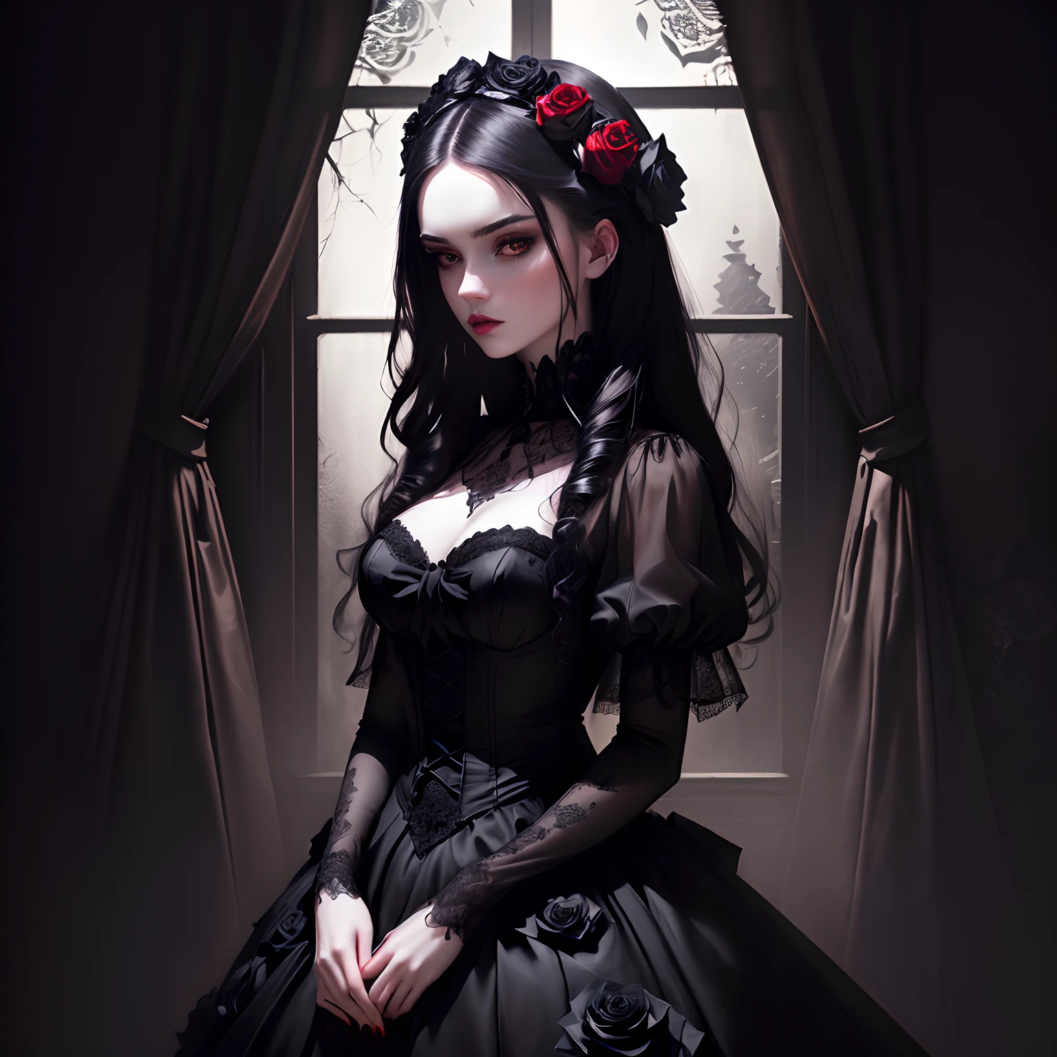 highres,ultra-detailed,black roses as a backdrop,portrait,dark and moody lighting,dramatic shadows,vivid colors,bouquet of black roses,girl with pale skin and dark hair,powerful and mysterious atmosphere,gothic style,fine art photography for a bacdrop photography