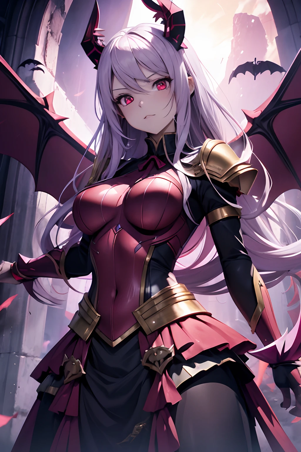 Evil anime Valkyrie with spear and wings in blood red Valkyrie armor, die in der Luft fliegt, bats, blutrote augen, Blutmond im Hintergrund, Mika Kurai Demon, Shalltear Bloodfallen, fuchsia skin beneath the armor, Offizielle Charaktergrafik, Valkyrie Knight Girl, Giesha Demon, fuchsia skin beneath the armor, demon anime girl, Bloody Valkyrie, 3-D-Rendercharakter Kunst 8 K, render of a cute 3d anime girl, Artgerm, 3D-Unreal-Engine, Anime sehr detailliert, 8k hochwertige detaillierte Kunst