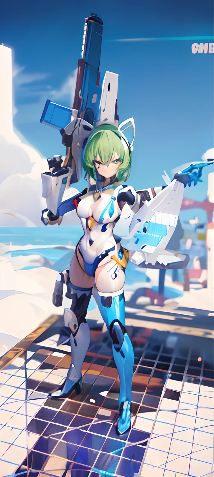 There's a toy of a woman with a gun on a mountain, mecha hembra, ( Figura muy detallada ), Esquema de color Chiho Aoshima, girl in mecha cyber armor, Chica armadura, figma, Pose ruda, Chica Valquiria mecanizada, fully robotic!! Catgirl, biomechanical oppai, Figura completa, Cuerpo extra detallado, Cuerpo completo detallado