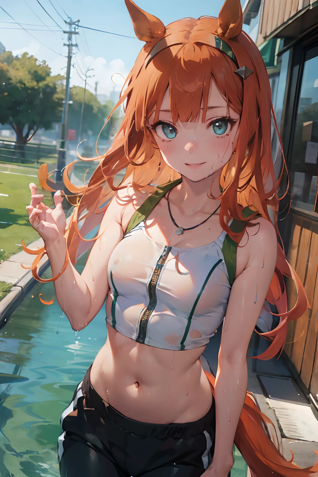 nsfw, masterpiece, 1 girl, intricately detailed, croptop, navel, necklace, orange hair, jogging pants, smiling, extremely detailed, photorealistic, octane render, 8 k, unreal engine., bare breasts, bare stomach, sweaty, puddle, wet body, beautiful face, small breasts, petite body, child, flat chest, silence suzuka \(umamusume\), jogging, park, horse ear, horse tail, bare shoulders